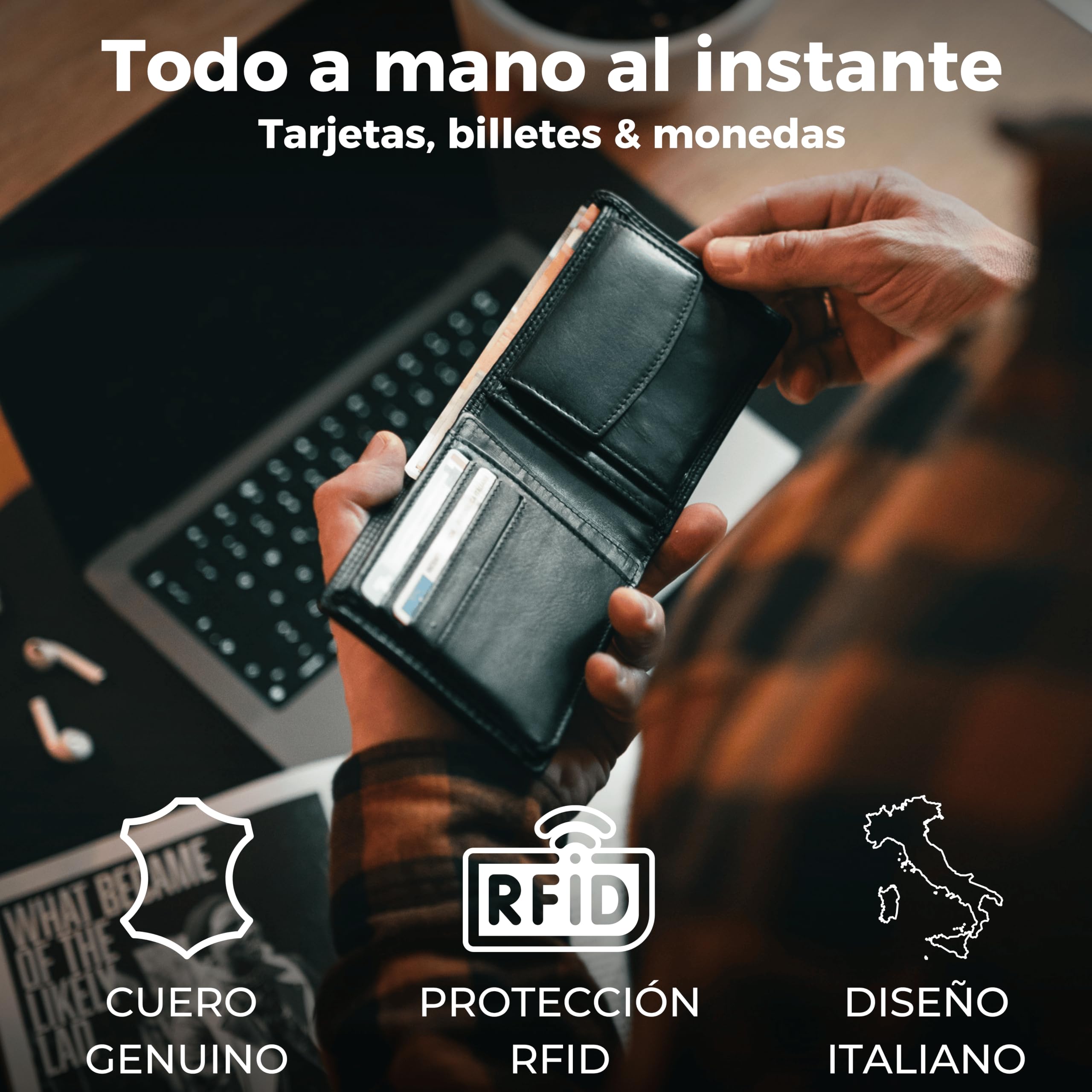 Baur - Cartera de piel auténtica para hombre, con protección RFID, Negro , 12,6cmx9,4cmx2cm, Clásico