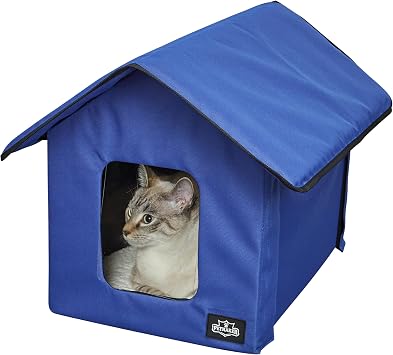 Heated Cat House - Double-Door Cat Bed with Zippered Roof, Pet Heating Pad, and Sherpa Cover - for Garage, Porch, Barn, or Basement by PETMAKER (Blue)
