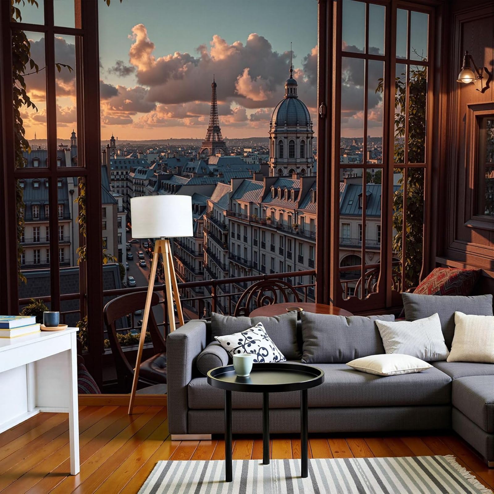 3D Effect Photo Wallpaper City Eiffel Tower Non-woven Poster Outdoor Window Street Scene Paris Photo XXL Non-woven Gold Wall Living Room Bedroom Picture Wallpaper, 250cm x 175cm Stickers - Frameless P
