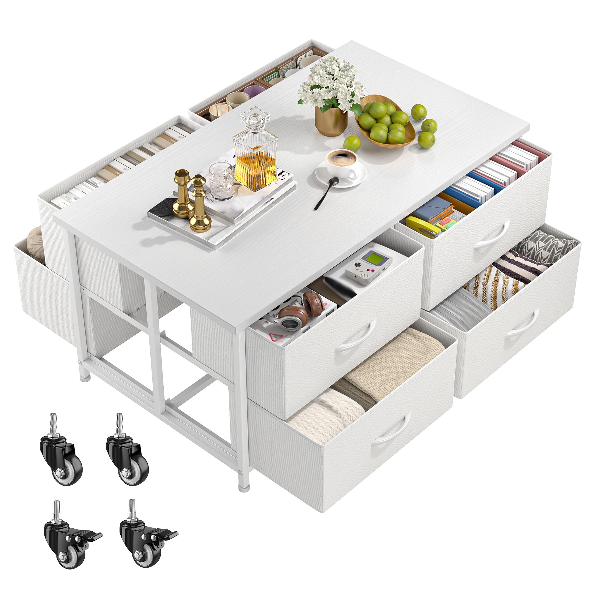 EnHomee Coffee Table with Storage, Modern Coffee Tables for Living Room with 4 Wheels, Center Table with Fabric Drawer and Large Hidden Space for