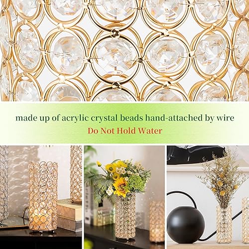 Miniatura 6 de Hewory - Jarrones cilíndricos de cristal dorado para centros de mesa, 2 portavelas con cuentas de cristal con purpurina, florero brillante para ramo
