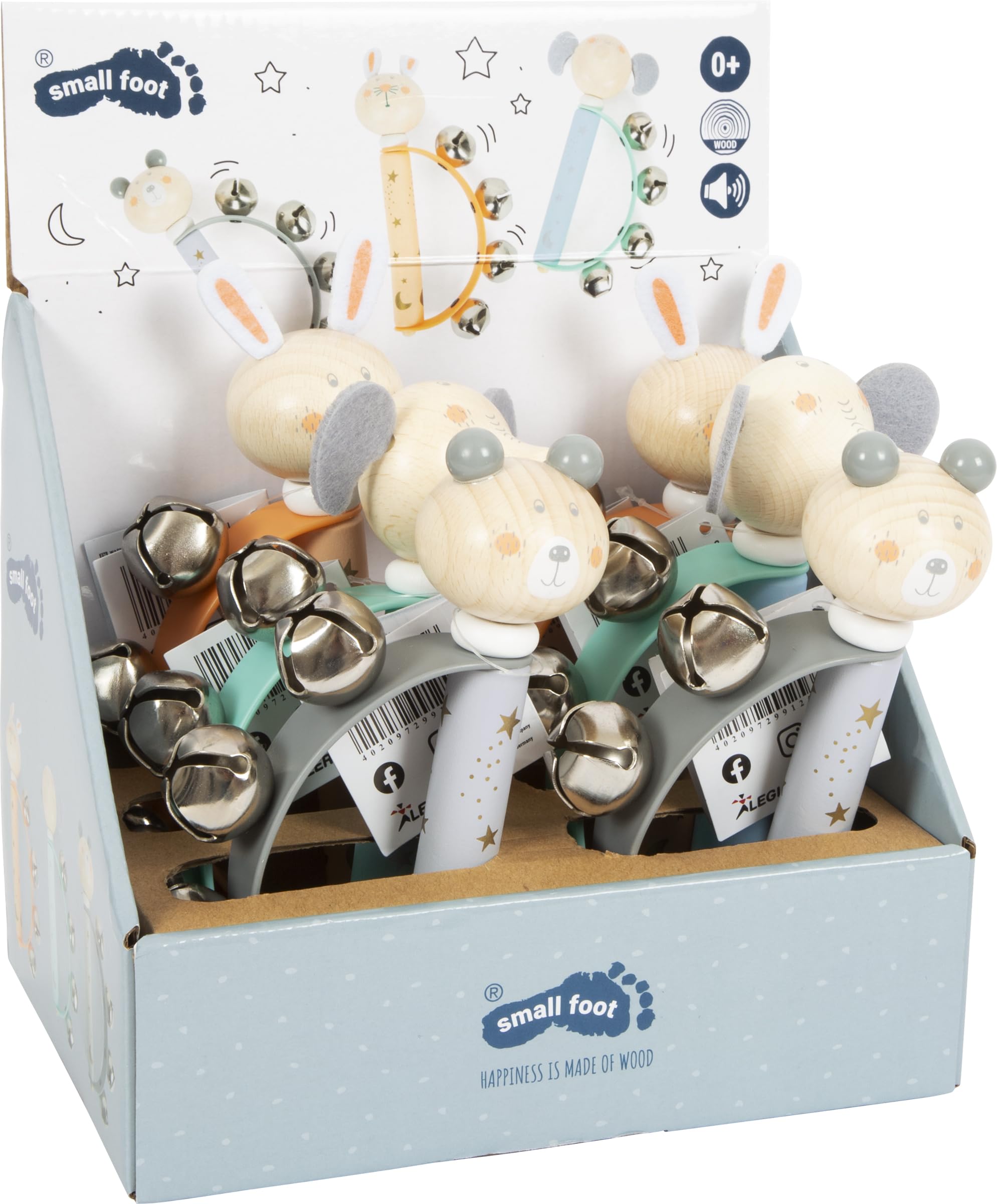 Small Foot Display bebé Pastell, Set de 6 sonajeros y pandereta para bebés y niños pequeños, 12346 Toys