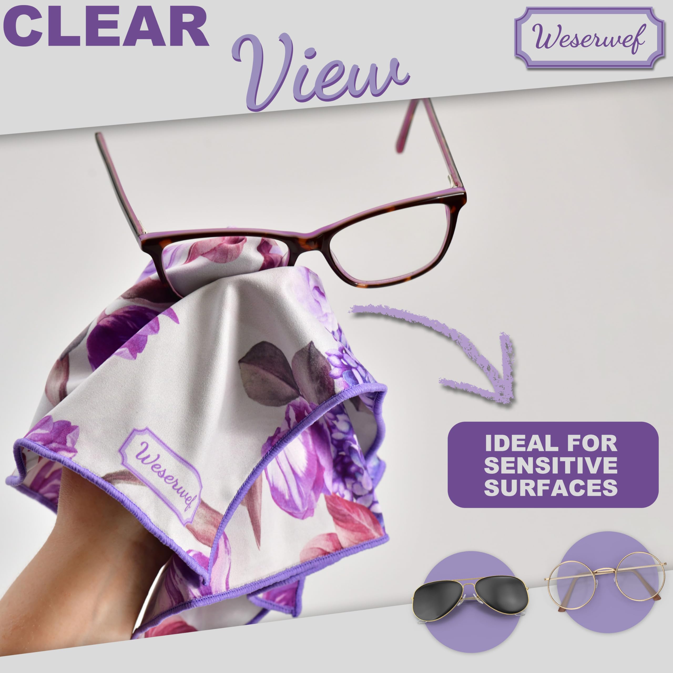 Weserwef Paño de Limpieza de Microfibra XXL de Calidad óptica 30x30cm para Limpieza de Gafas, Smartphone, Tableta, cámara y Pantalla (Rosa y Morado)