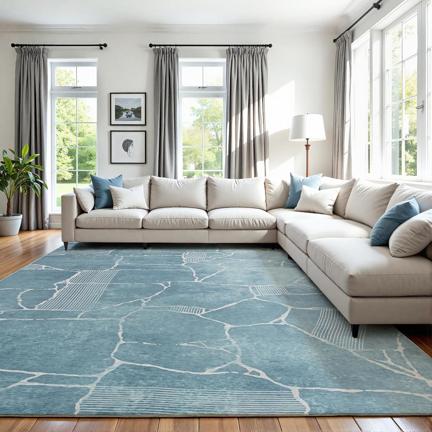 Area Rug 8x10 Machine Washable Rug Vintage Traditional Floor Cover Foldable Thin Retro Indoor Non Slip Carpet Floral Print Mat Bedroom Living Room Dining Room Office,Stone Crevice Blue 8' x 10' (Rectangular) Stone Crevice Blue