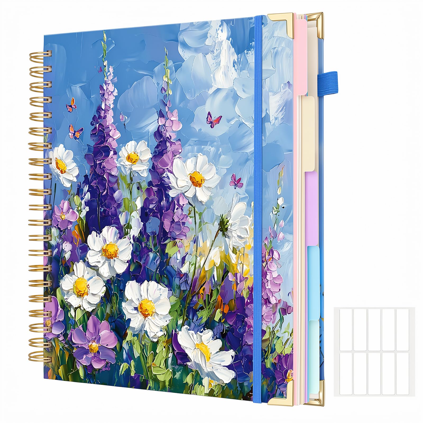 Thboxes 280 Pages Large Spiral Lined Notebooks for Work, 5 Subject A4 Journal Notebooks with Dividers Tabs Pockets 8''x 10'' College Ruled for Women Men Study & Office Organization,Purple flowers