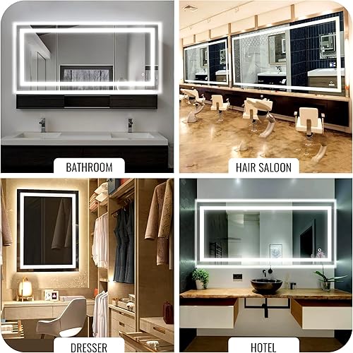 Miniatura 6 de LEDMyplace - Espejo de baño LED de 70 x 32 pulgadas, retroiluminado y luz frontal, antivaho, ajustable, temperatura de color y recuerdo, interruptor