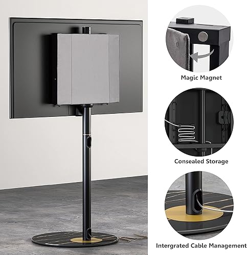 Miniatura 6 de FITUEYES Soporte de TV esquinero de diseño para 32 a 65 pulgadas, moderno soporte de TV negro de mediados de siglo con base de vidrio texturizado de