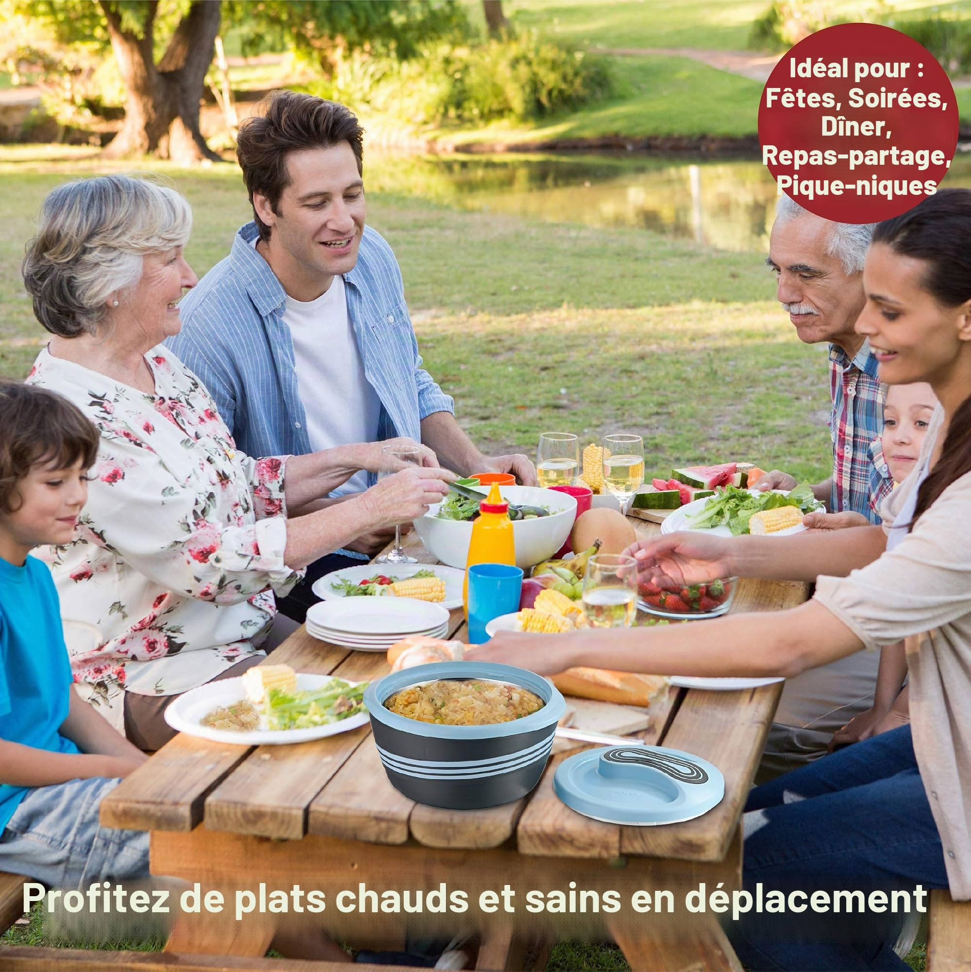 Pinnacle Bol à salade/soupe – Bol isotherme avec couvercle – Excellent bol pour les vacances, les dîners et les fêtes (Bleu)
