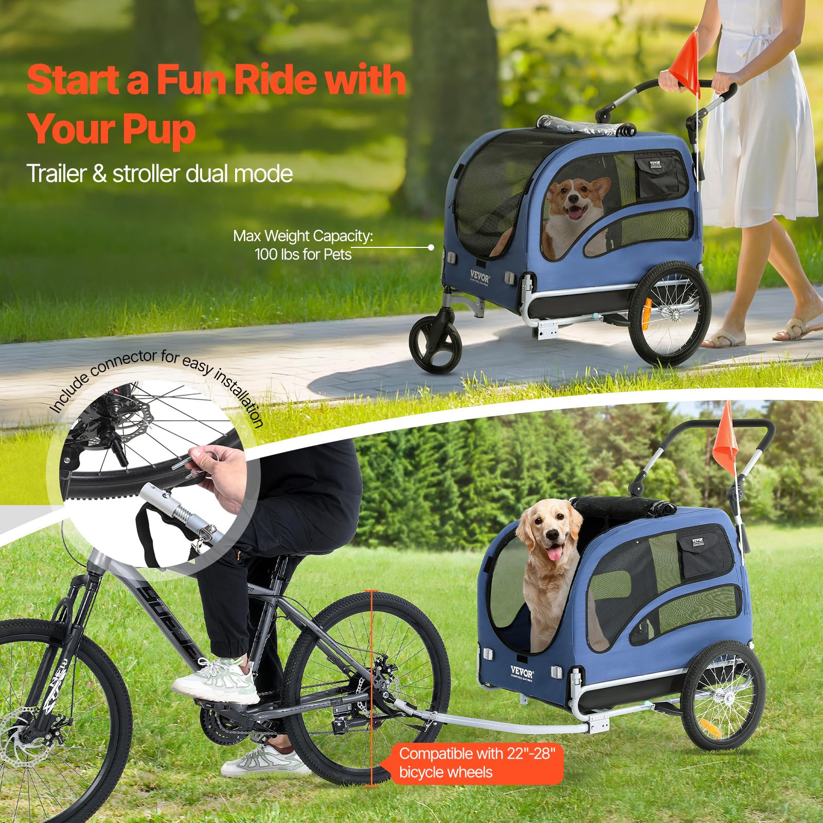VEVOR Rimorchio Bici per Cani Pieghevole Portata max. 45kg Passeggino per Animali Domestici con Ruote a Sgancio Rapido, Attacco Universale, Carrello per Bici Traino Rimorchio per Animali Nero/Blu