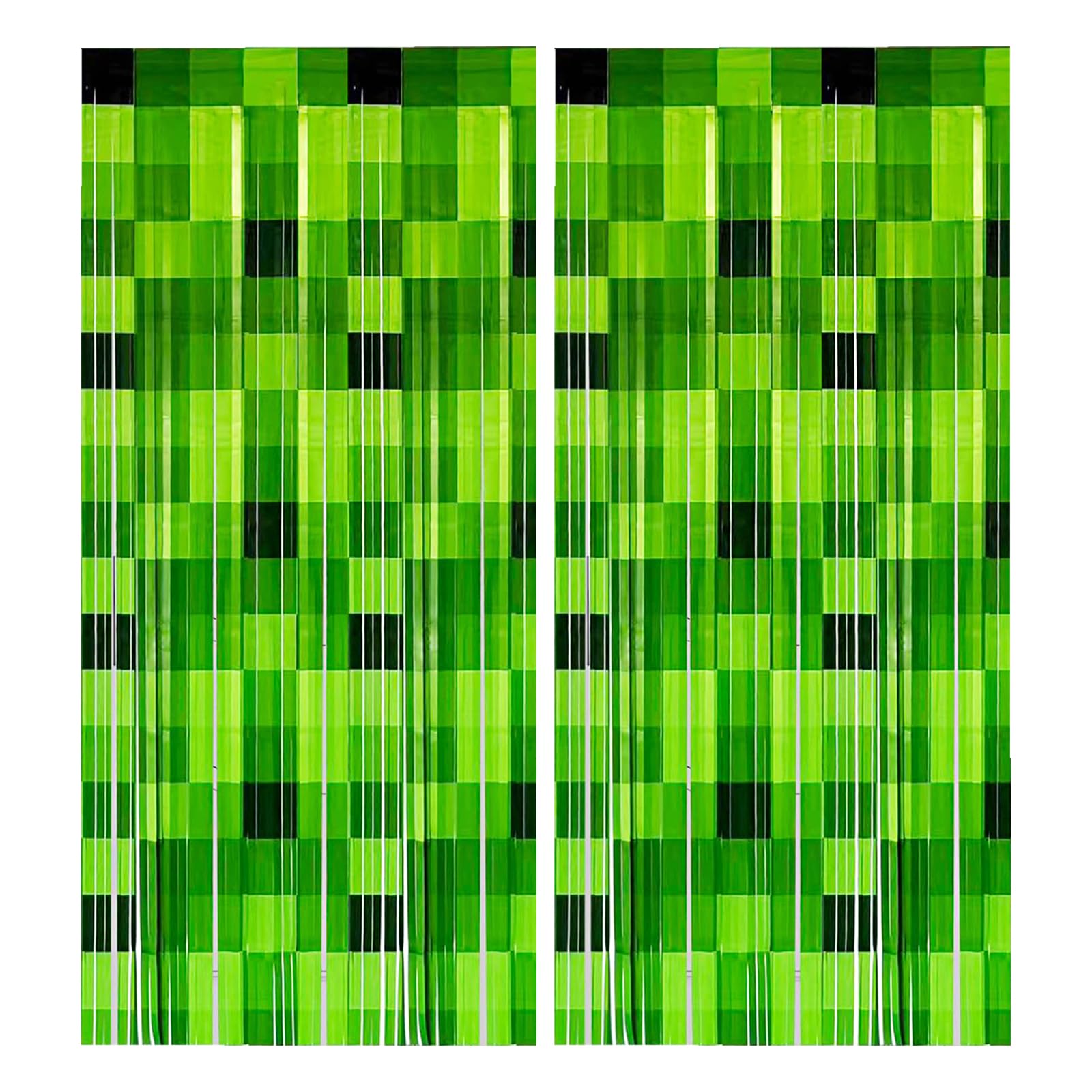 RenSton 2 PCS Green Foil Curtain, Green Pixel Miner Theme Curtains, Door Tinsel Curtain, 3.2x6.6ft Pixel Game Inspired, Photo Booth Props Backdrop Birthday Decorations Supplies