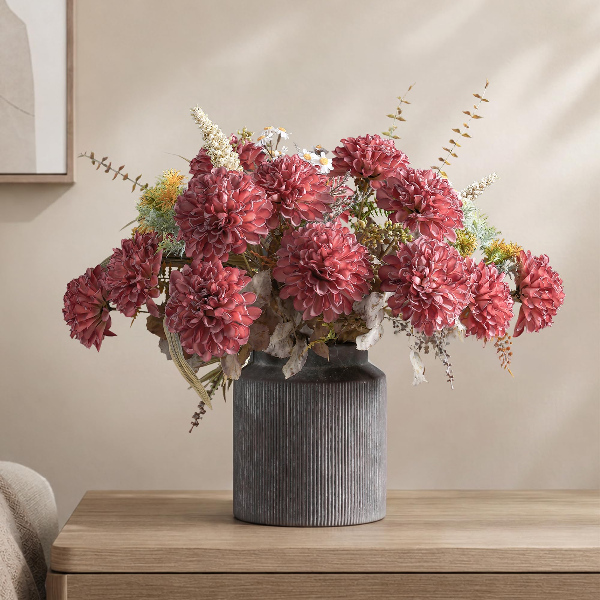 FancyPlus 10 Heads Artificial Flowers Ball Mums Indoor for Vase, Large Silk Faux Chrysanthemum with Stems, Fake Bouquet for Home Decor Table Filler, 2 Pack (Red)