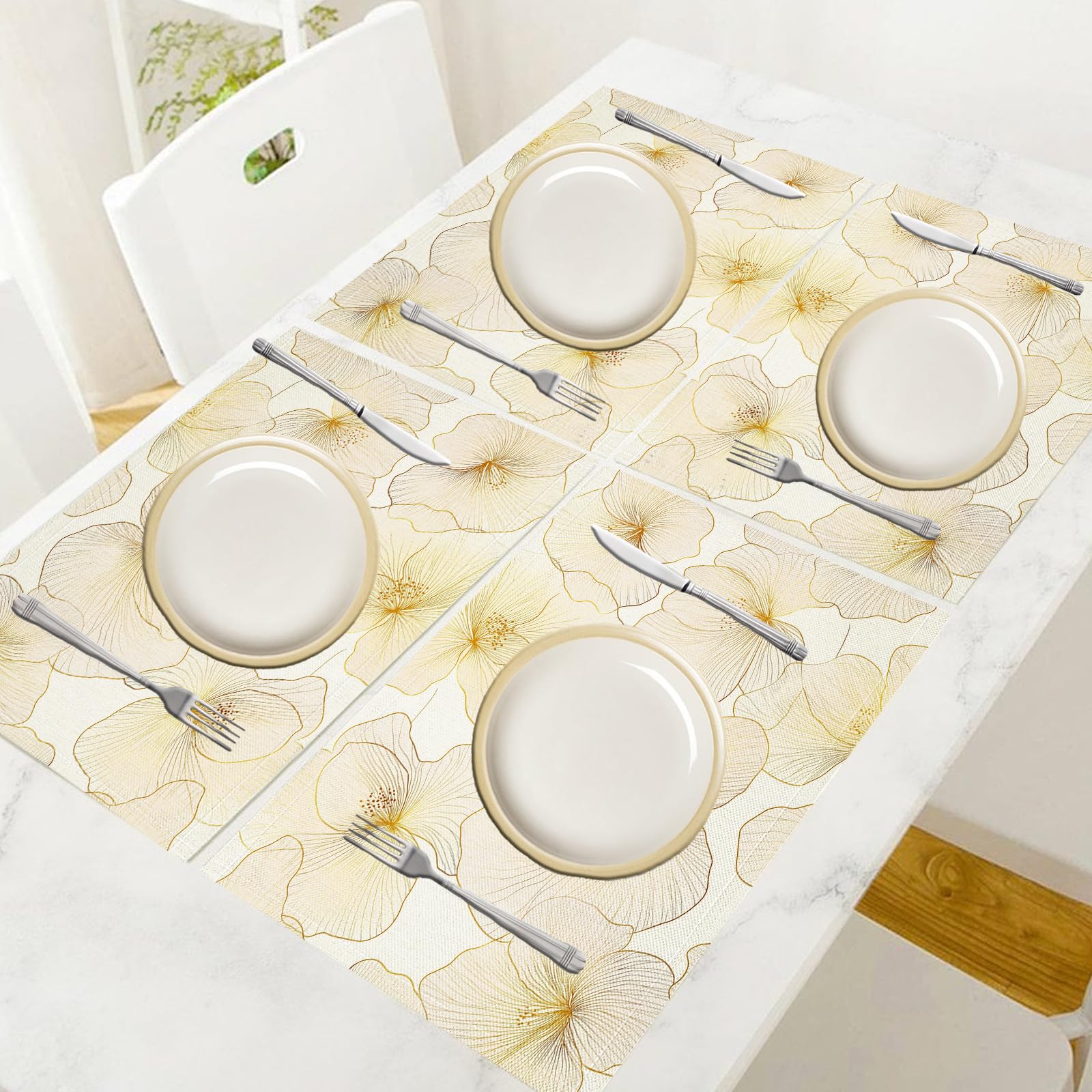 Set di 8 Tovagliette Americane Lavabili Cotone Lino Semplice - Tovaglietta Americana Resistenti al Calore Durevole Arte del filo di fiori in foglia d'oro - per Colazione Pranzo 30×45 cm