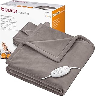 Beurer HD 75 Cozy Couverture chauffante, couverture électrique confortable en apparence de fourrure, 6 réglages de température, lavable en machine, avec arrêt automatique, taupe