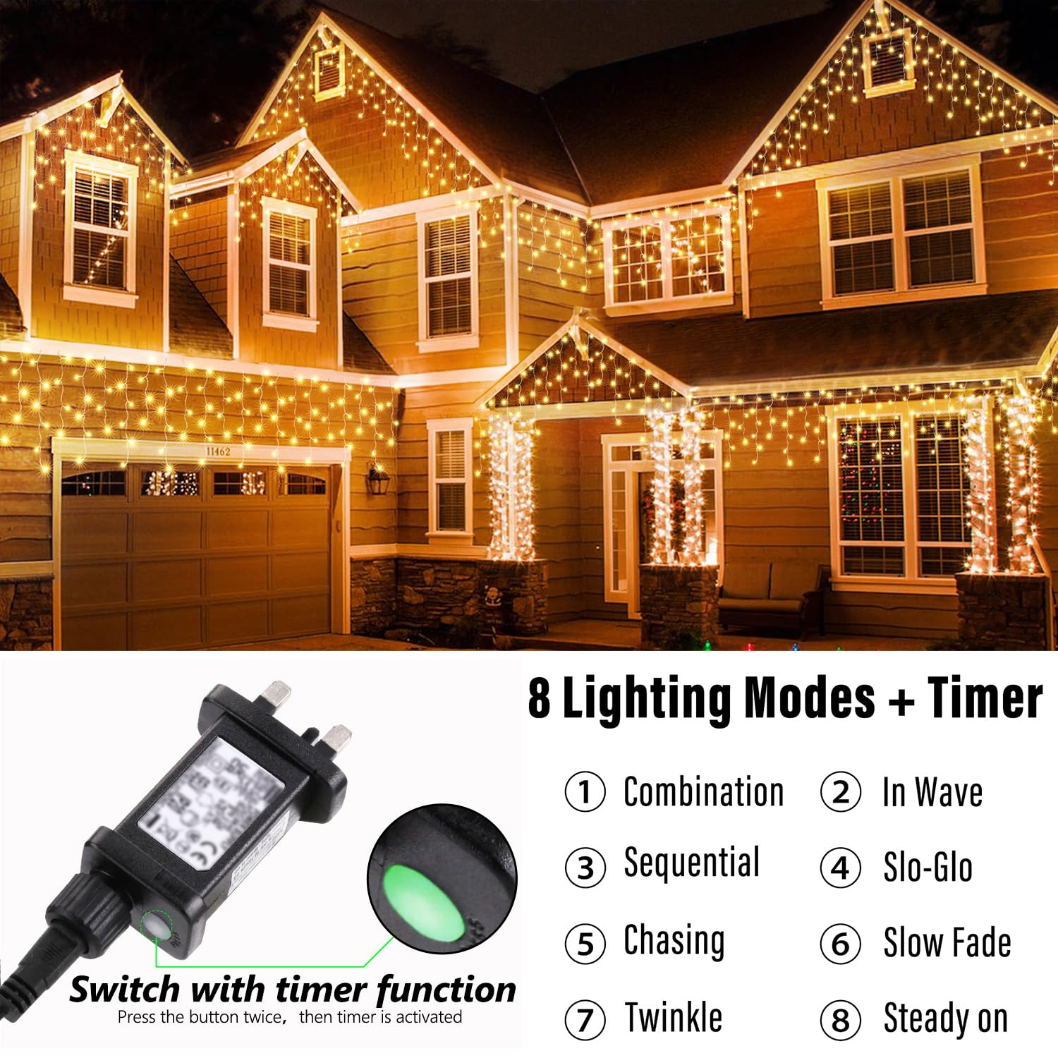 Joomer Warm White Icicle Lights Outdoor, 250 LED 9.8M Outdoor Christmas Lights Mains Powered - Image 3