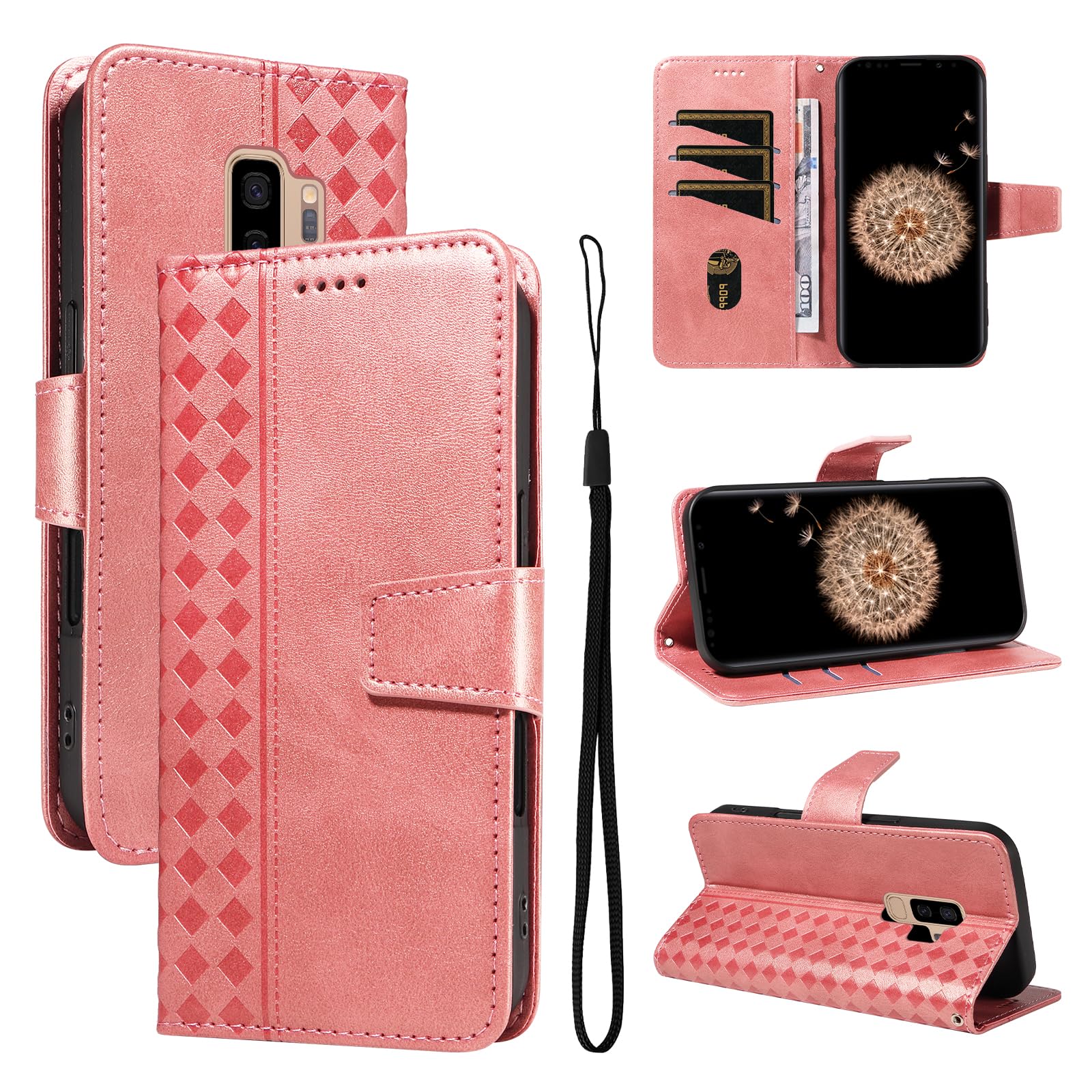 Wallet Cover Compatible with Samsung Galaxy S9 Plus Flip Stand Card Slot Phone Case Magnetic Clasp Lanyard Pink
