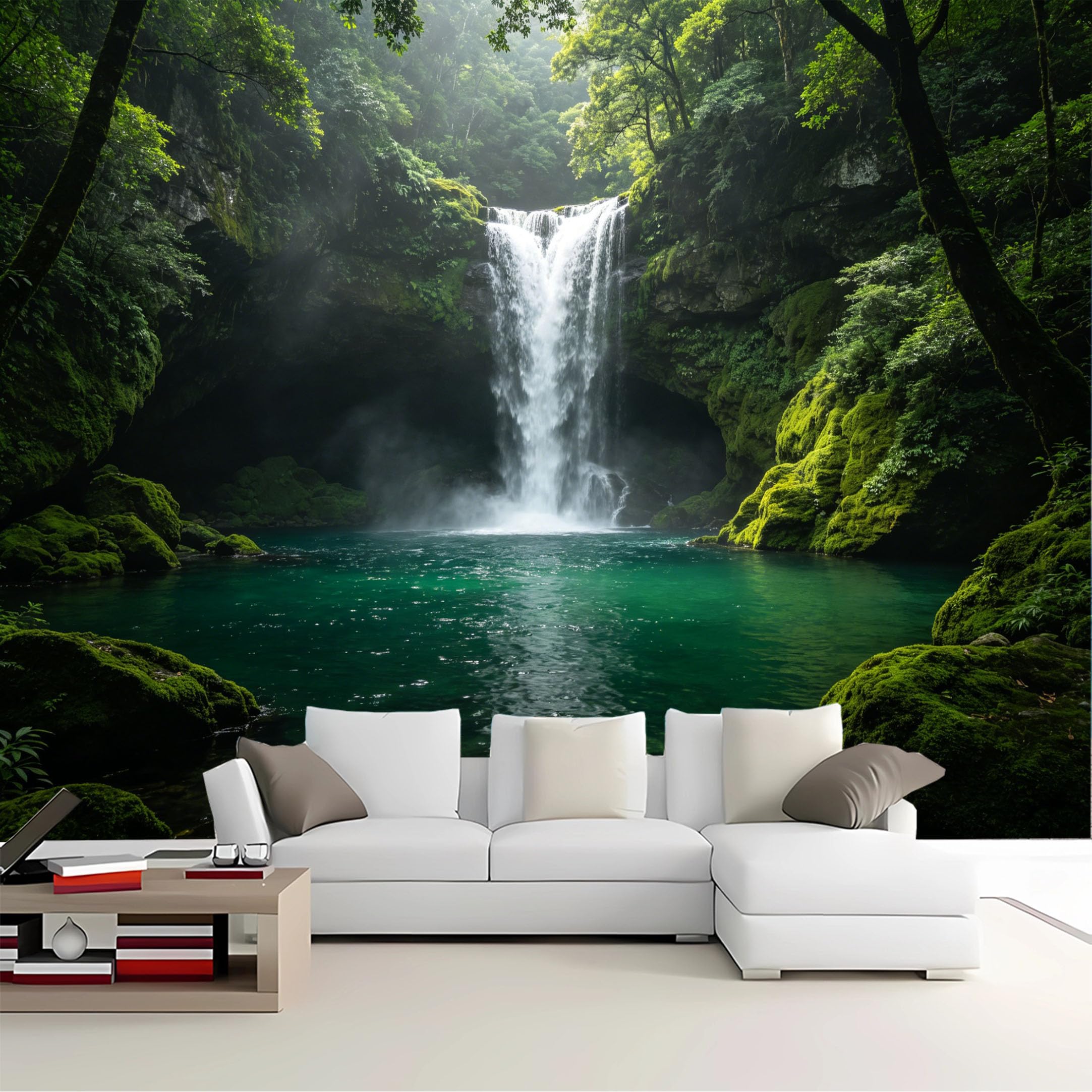 Custom Size Wall Mural Mossy Waterfall Forest Removable Self Adhesive Peel and Stick Wallpaper for Bedroom Living Room Dining Room