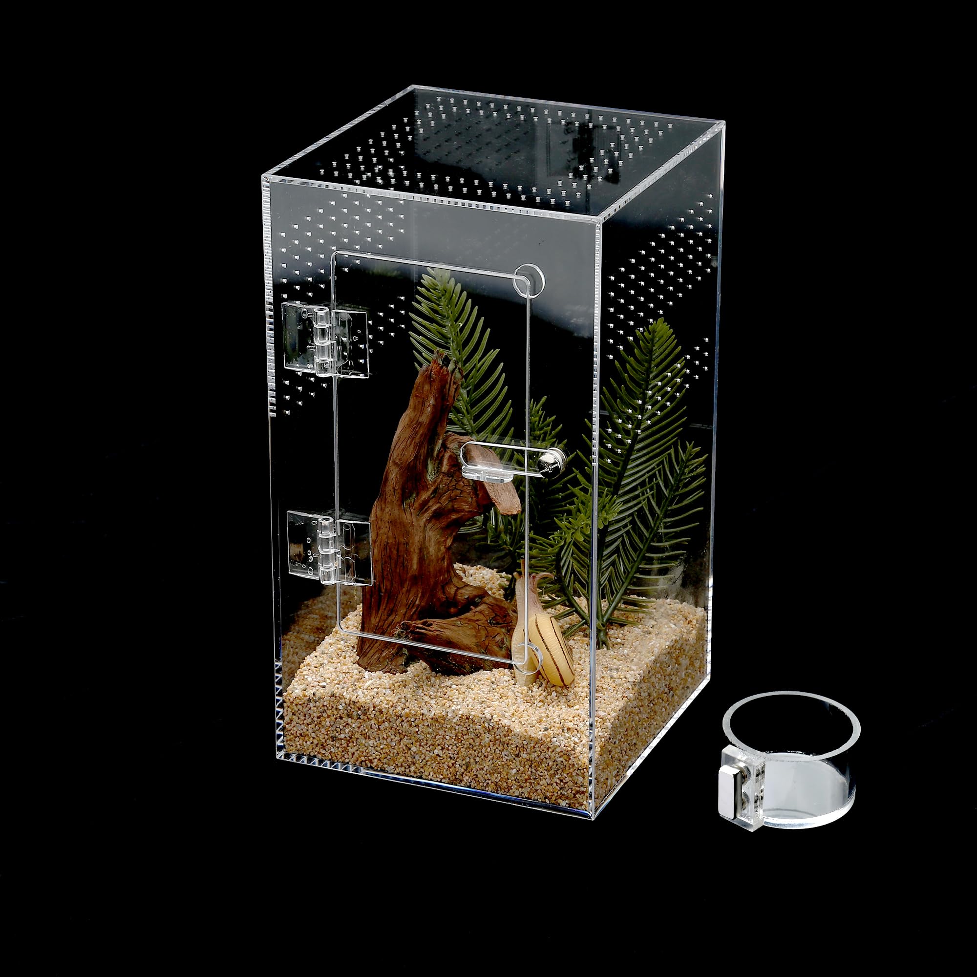 Acrylic Tarantula Enclosure Jumping Spider Enclosure with Front Opening Door 5.3 * 5.3 * 9 Inches Micro Habitat Terrarium for Small Tree Dwelling Reptiles, Spiders & Invertebrates (Enclosure&Feeder)
