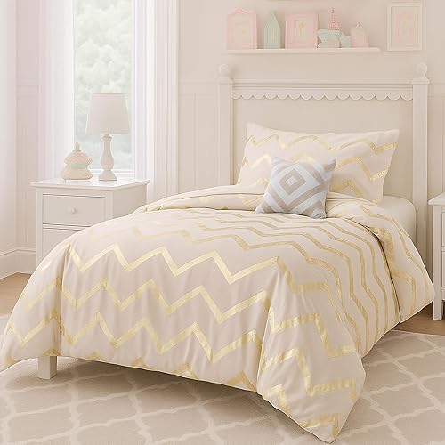 Codi Juego de ropa de cama para adolescentes, tamaño individual, lindo juego de edredón marfil y dorado para dormitorio universitario para niñas, 3