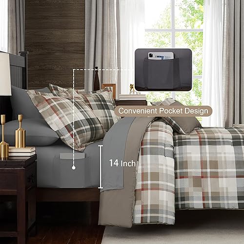 Miniatura 3 de MaiRêve Juego de edredón tamaño Queen, juego de edredón con diseño a cuadros de 7 piezas, juego de ropa de cama cómodo para todas las estaciones,