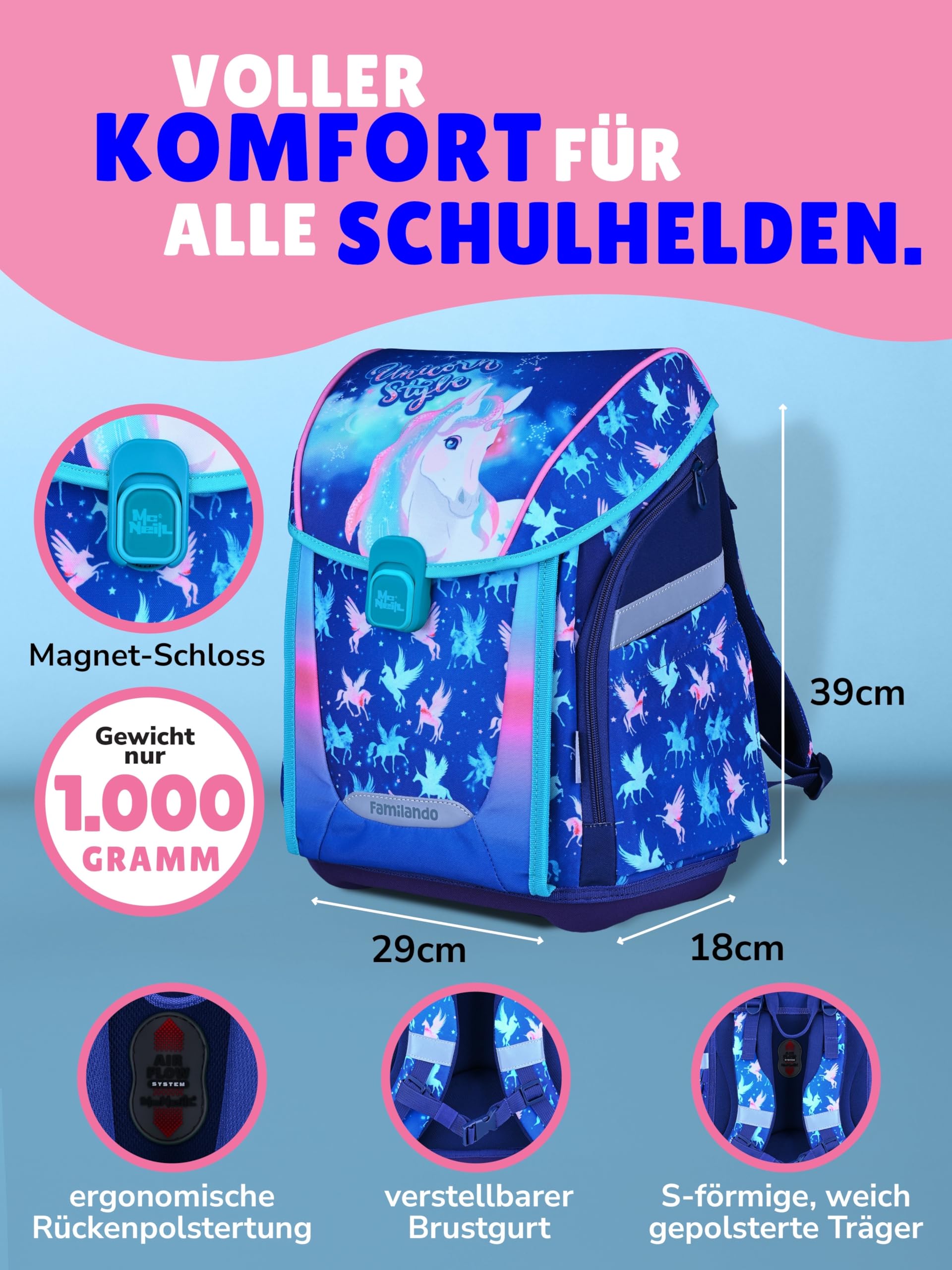 Familando - Premium Schulranzen Set - 6-teilig mit Sporttasche - Unicorn (Einhorn) - Ergonomisch, stabil & mit gepolstertem Rücken - 1000g - 20L Volumen - Mit Reflektoren - ab 1. Klasse