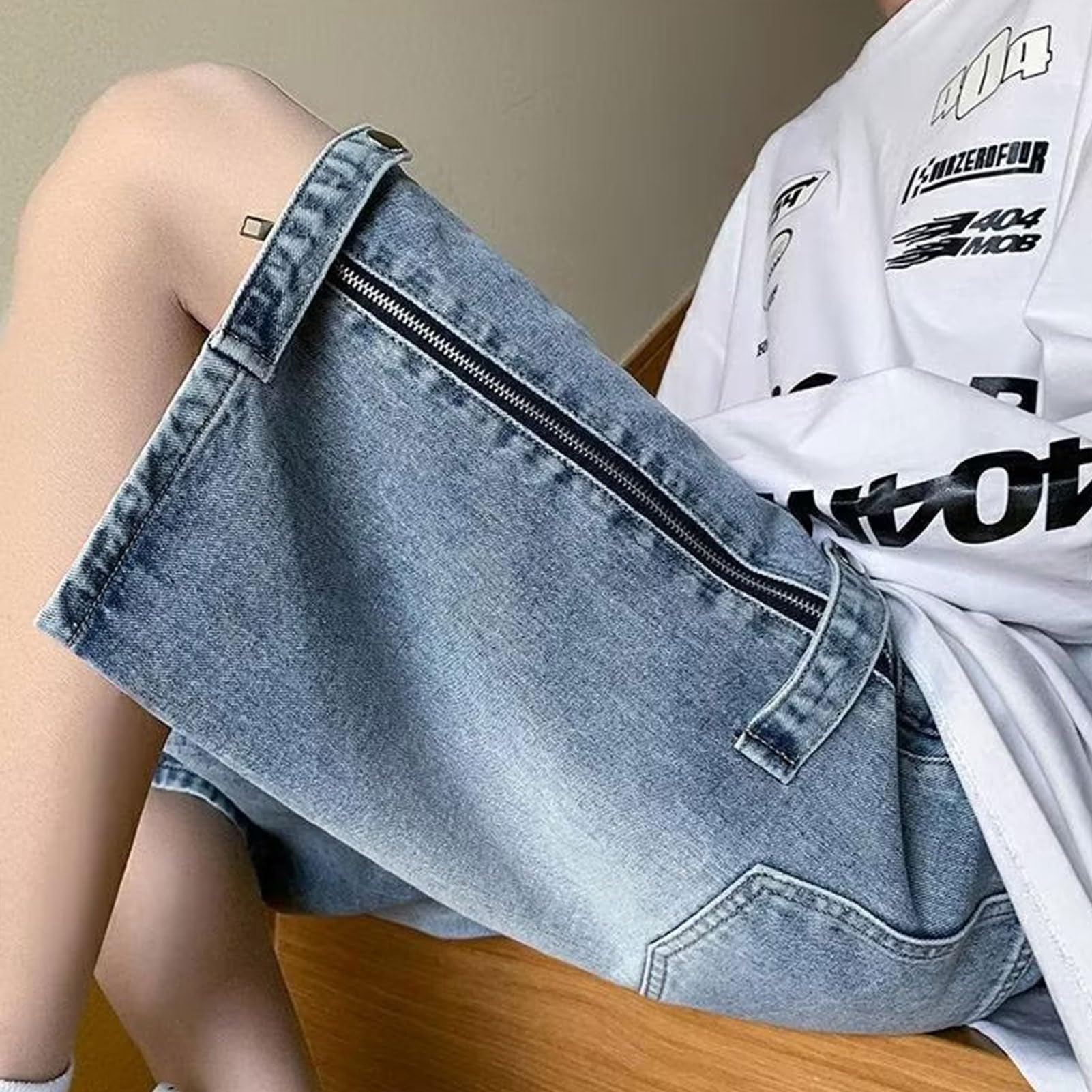 Y2K Pantaloncini in Denim da Uomo Hip Hop Baggy Shorts Jeans Streetwear Vintage con Cerniera Jorts, Blu, L