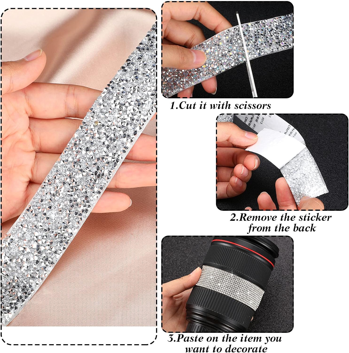 4 Rolls 8.8 Yards Self Adhesive Crystal Rhinestone Ribbon Silver DIY Bling Diamond Rhinestone Strips for Arts Crafts Wedding Cakes Birthday Decorations