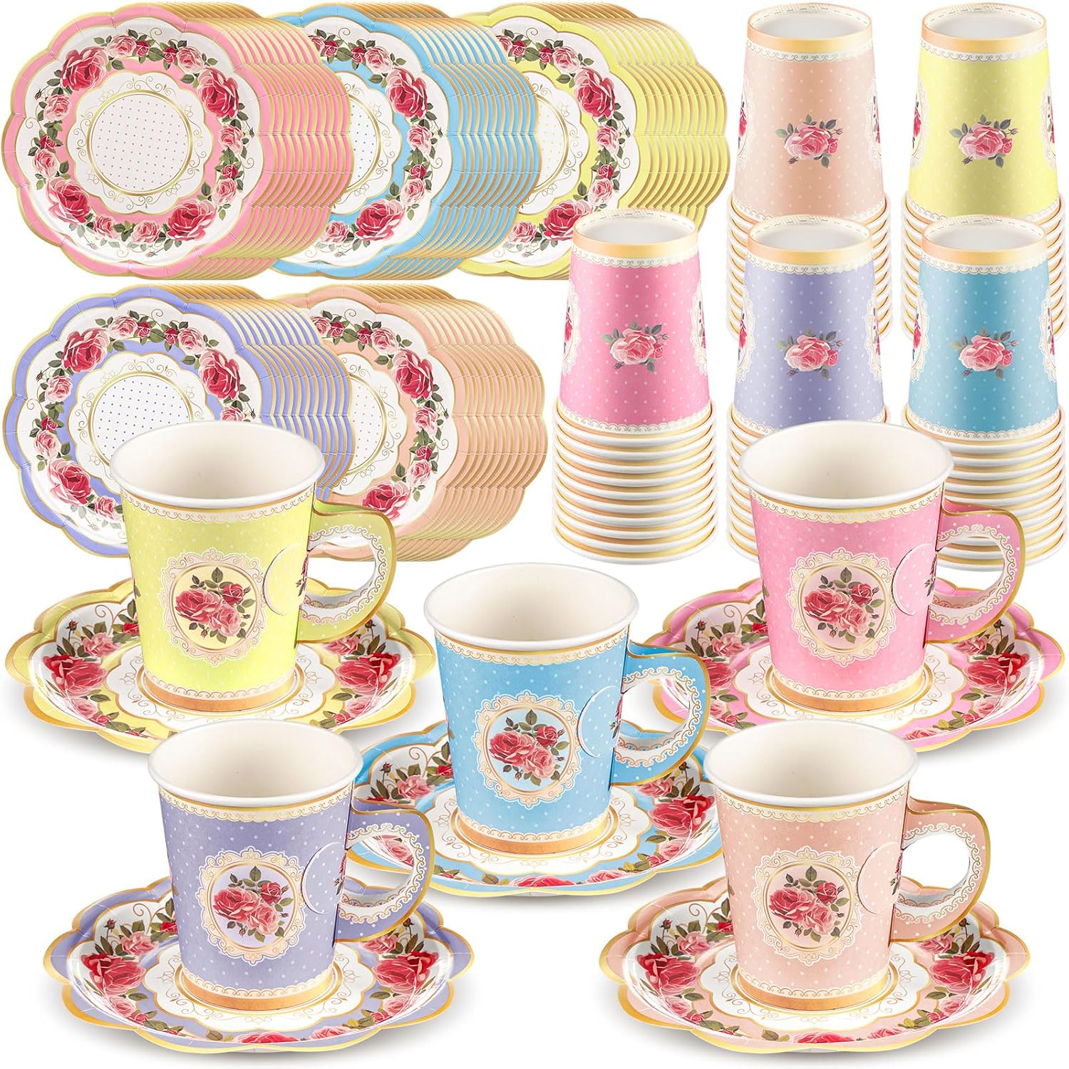 Tioncy 100 Pcs Tea Party Decorations Include 50 Pieces 9 oz Paper Tea Cups with Handle and 50 Plates Disposable Teacups and Saucers Sets for Birthday Baby Shower(5 Colors)