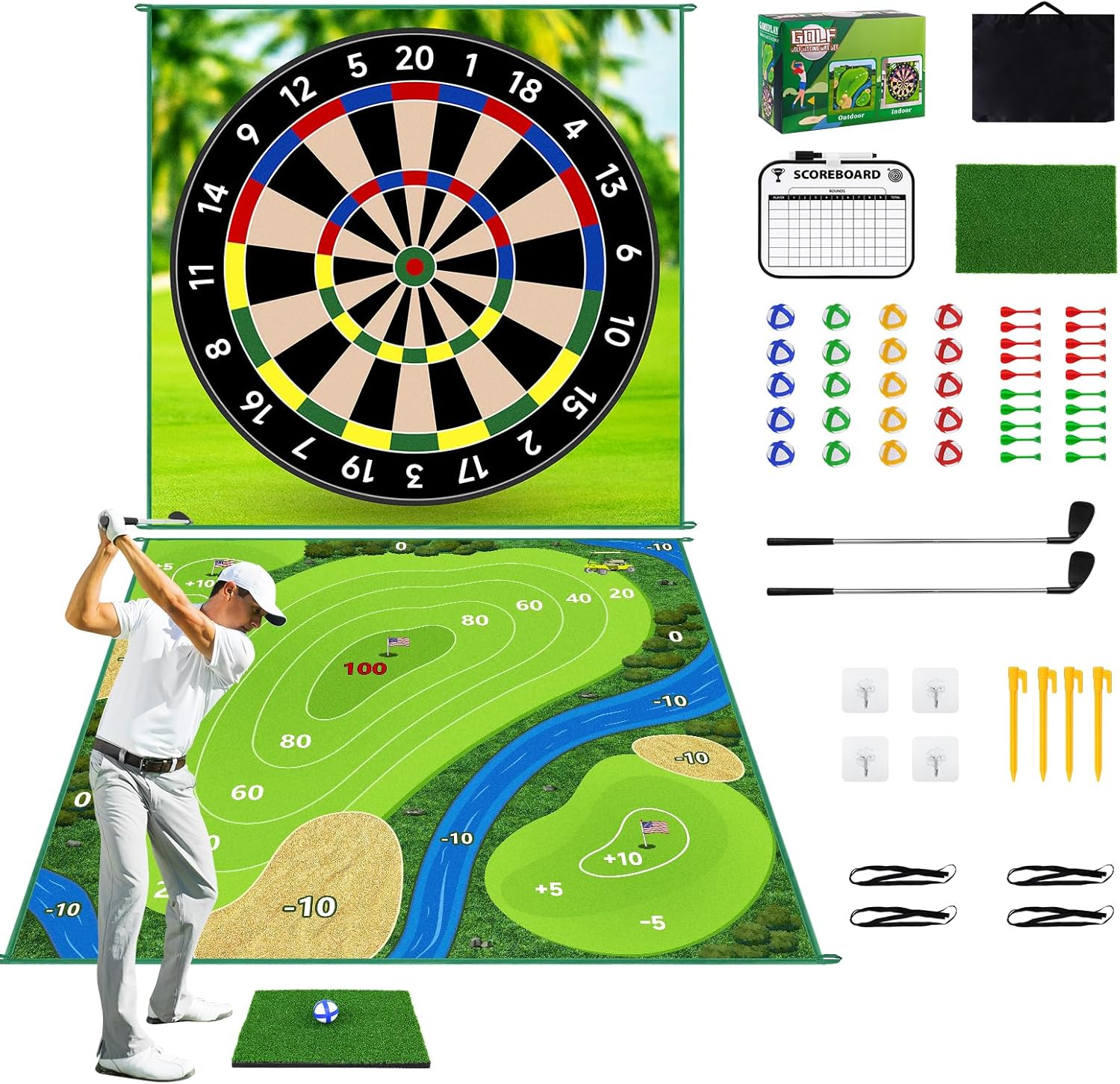 Golf Hitting Mat with 2 Golf Clubs and 20 Sticky Balls