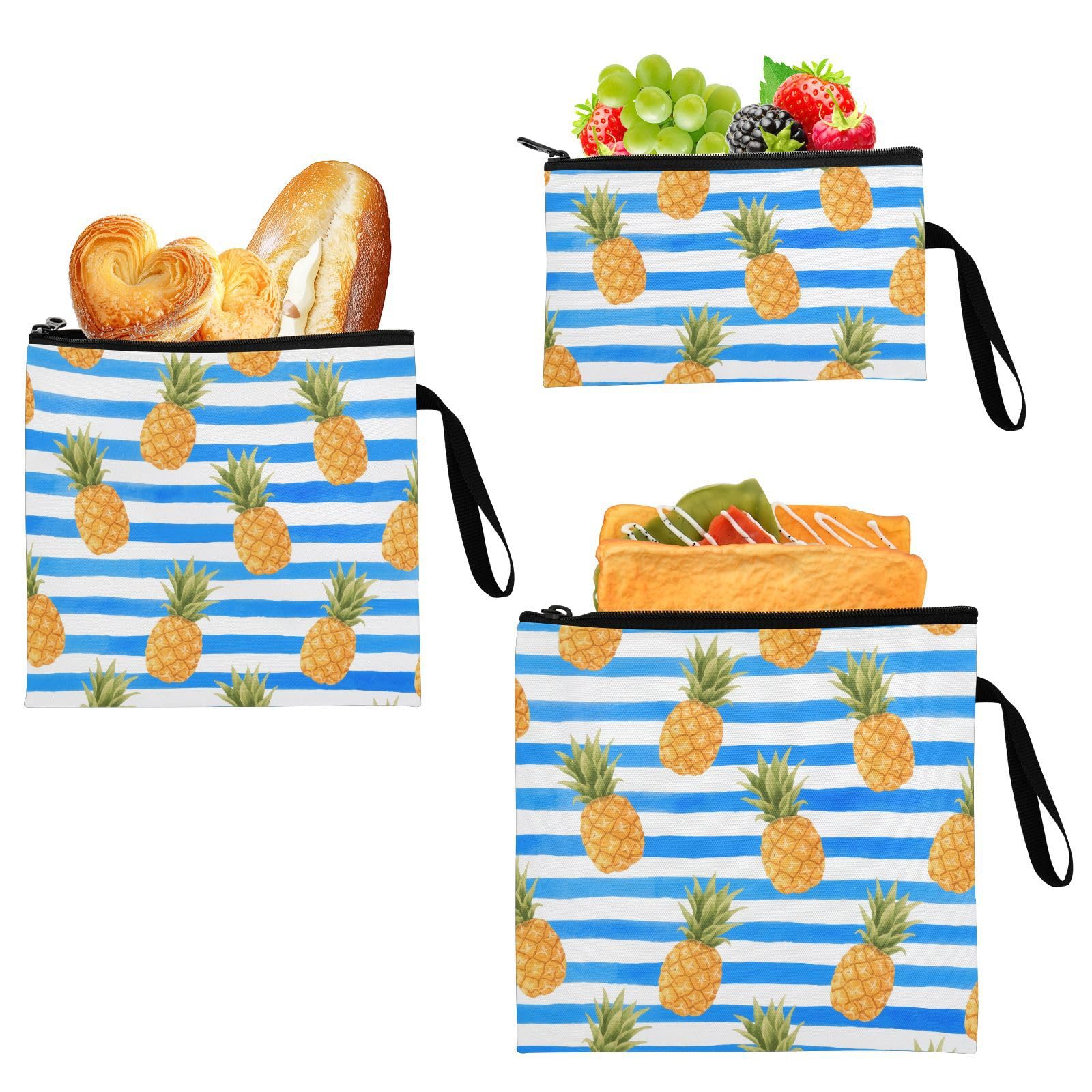 Yoogain Blue White Striped Fruit Pineapple 3-Pack Reusable Sandwich Bags Multi-Use Food Storage Bags for Candy, fruits, Cereal, Home Organization