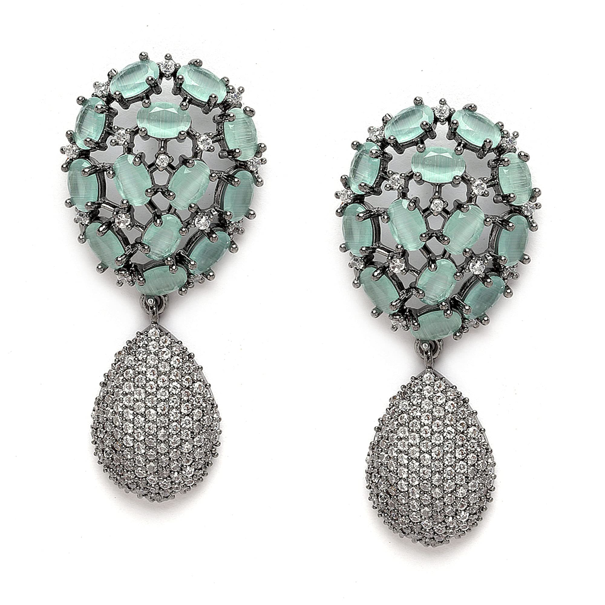 Rhodium-Plated Gunmetal Toned American Diamond Teardrop Shaped Drop Earrings for Girls and Women-image-3