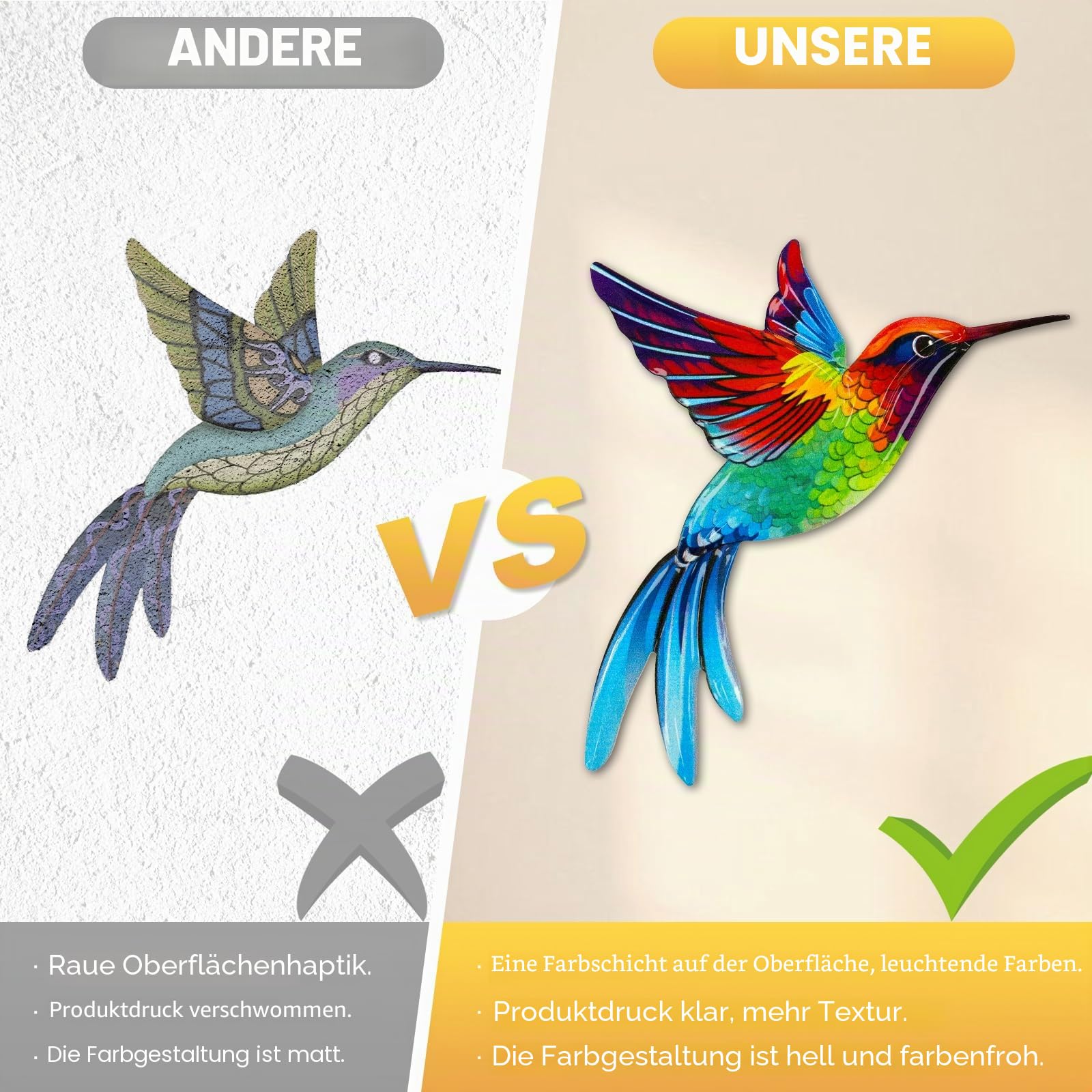 4 Stück Metall-Kolibri-Wandkunst für den Außenbereich, Giyiprpi 3D-farbige Wandkunst, Zaunverzierungen für Terrasse und Garten, Wandskulptur zum Aufhängen für Garten, Wohnzimmer und Balkon