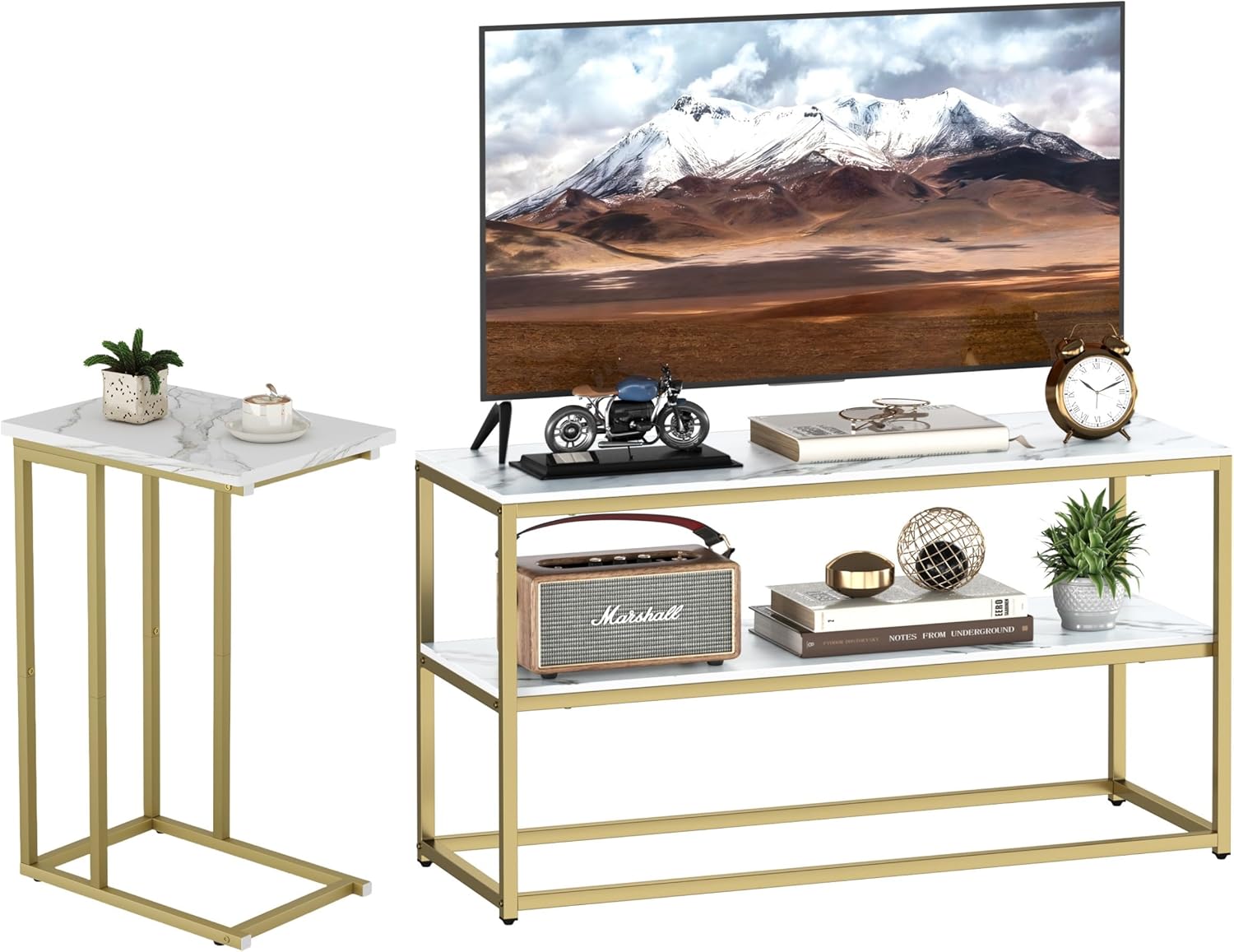 Function Home Modern TV Stand and Side Table, Entertainment Center TV Cabinet End Table Set with White Wood Top and Gold Metal Legs, Media Console Table Set for Living Room Bedroom