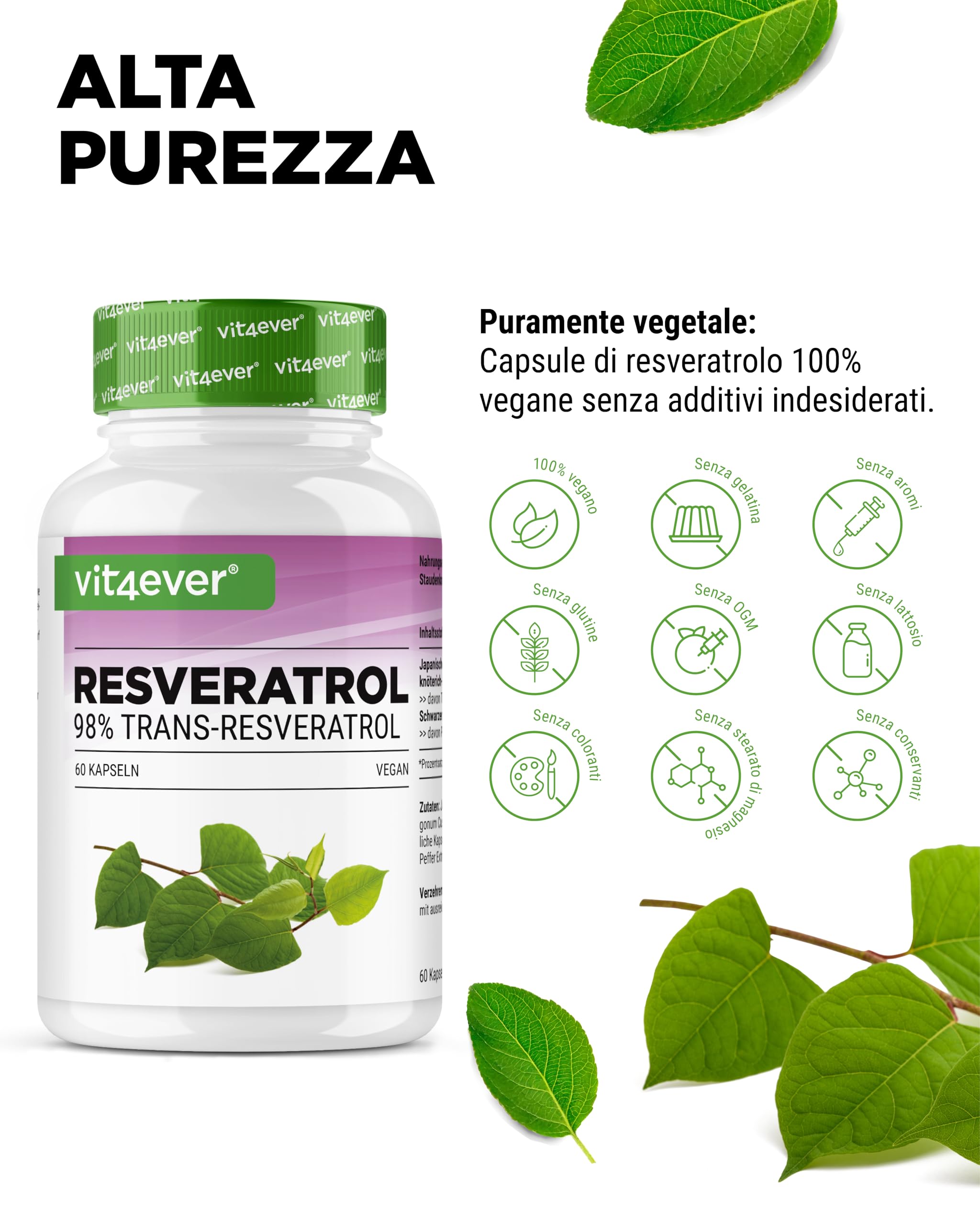 Resveratrolo - 520 mg per capsula - 98% trans-resveratrolo da estratto di radice di nodo giapponese 100:1 + piperina per una biodisponibilità ottimizzata - 60 capsule - ad alto dosaggio - vegano