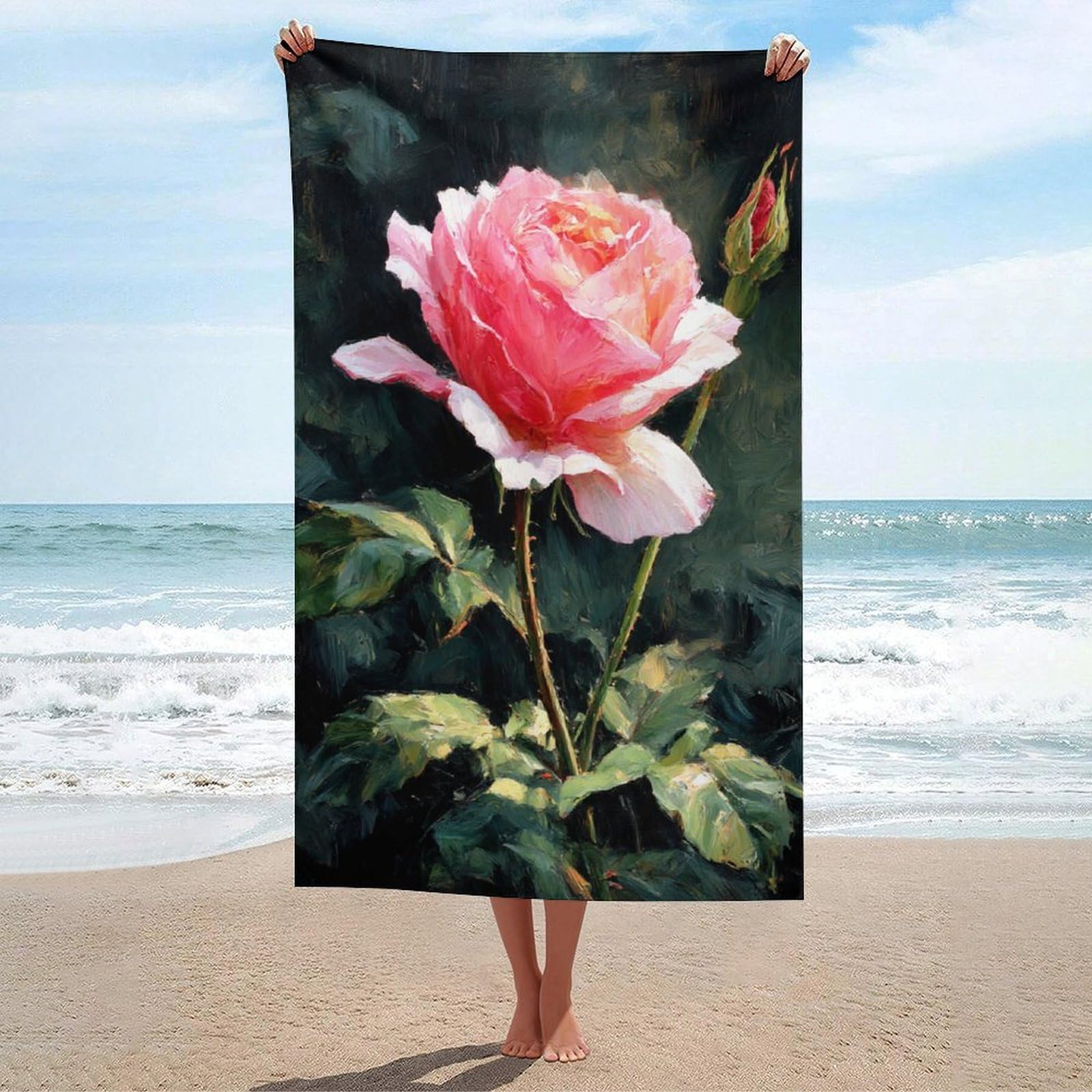 asbwuo Pink Rose Flower Impressionist Beach Towel