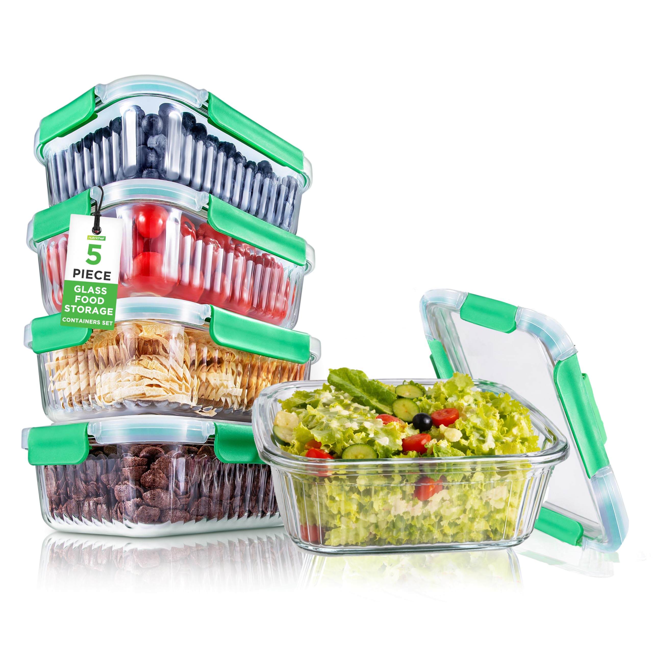 NutriChef Wave Glass Food Storage Containers with Lids 5 Piece Set 1 L – Airtight Leakproof Borosilicate Glass Meal Prep Lunch Boxes for Oven Microwave Freezer Dishwasher