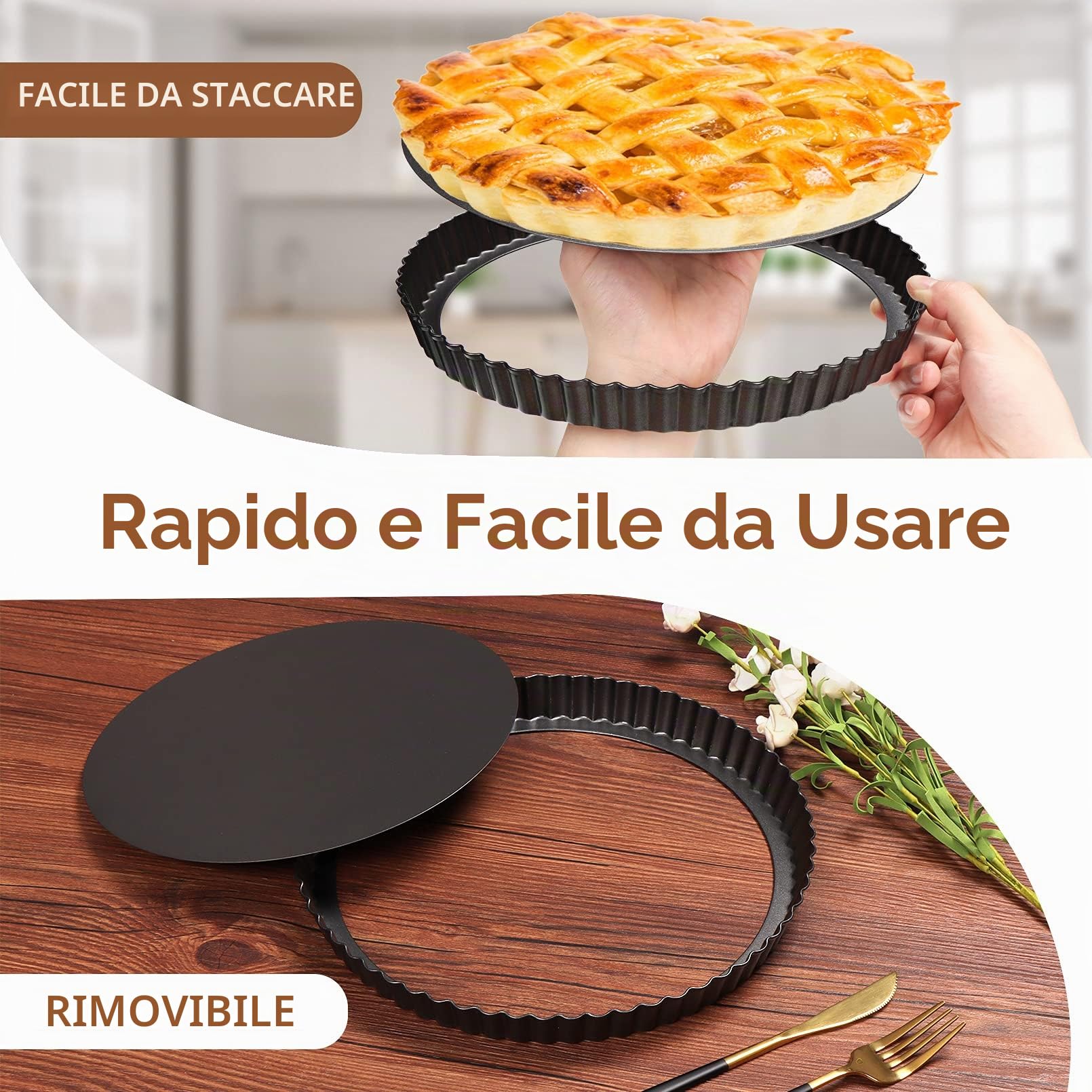 Teglia Rotonda,Stampo Furbo 28cm, Tortiera Crostata, Quiche Form, Fondo Amovibile, Padella Antiaderente