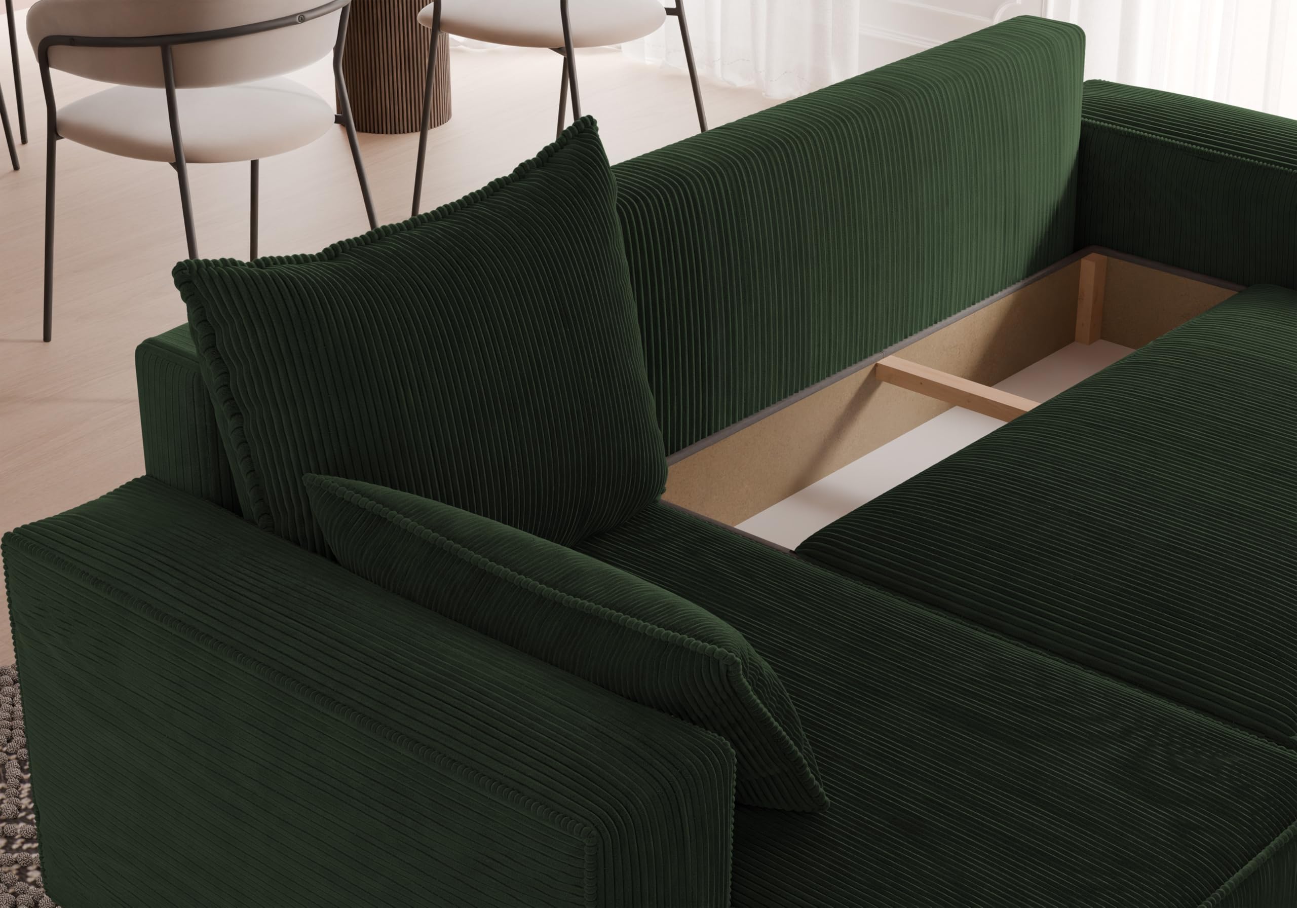 Ecksofa mit Schlaffunktion Tobi 246x145 cm - Couch - Sofa mit Bettkasten - Eckcouch - L-Form - Schlaffsofa - Schlafsofa mit Bettkasten - Universal (Cord Poso 14 Flaschengrün)