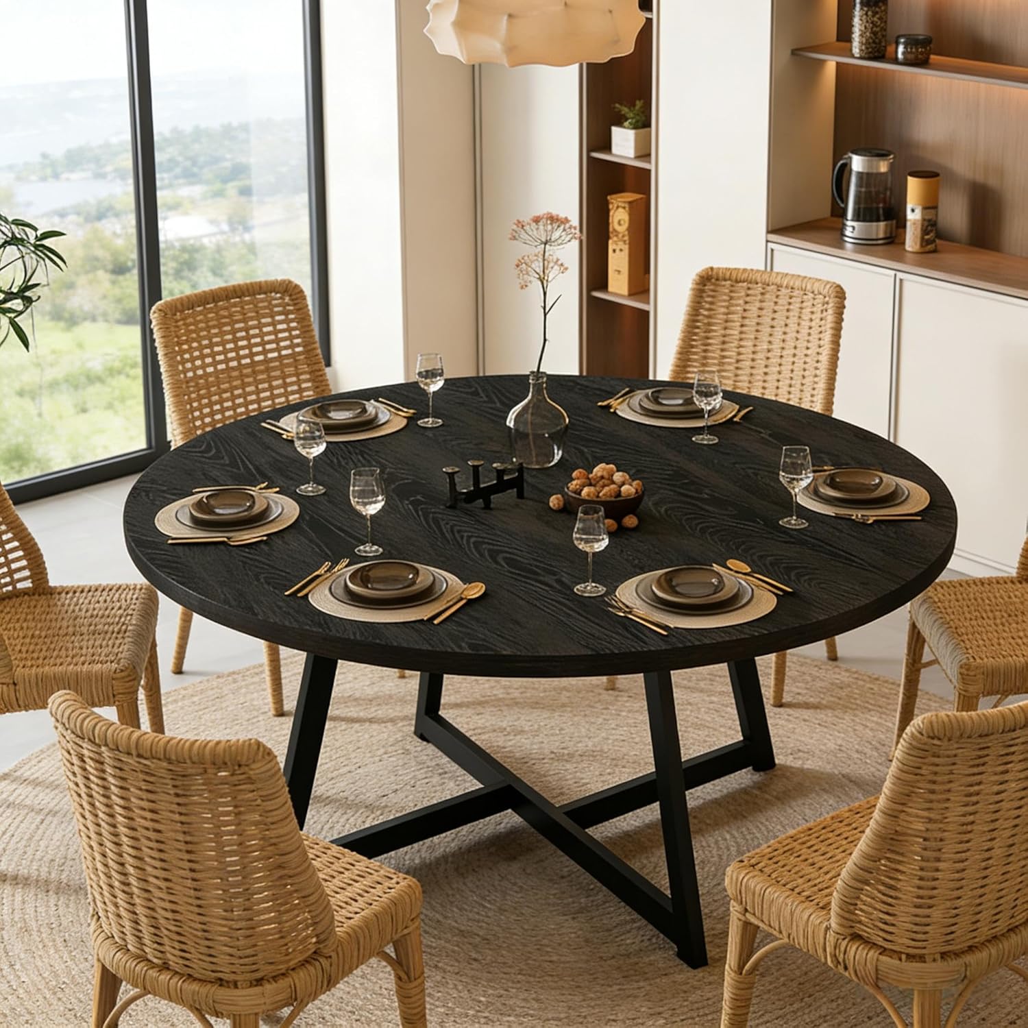 Large Round Dining Table for 6-8, Wooden Dinner Table with Heavy Duty Metal Pedestal Base, for Kitchen Living Room, Space Saving, 59 Inch, Black