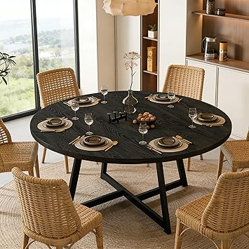 Large Round Dining Table for 6-8, Wooden Dinner Table with Heavy Duty Metal Pedestal Base, for Kitchen Living Room, Space Saving, 59 Inch, Black