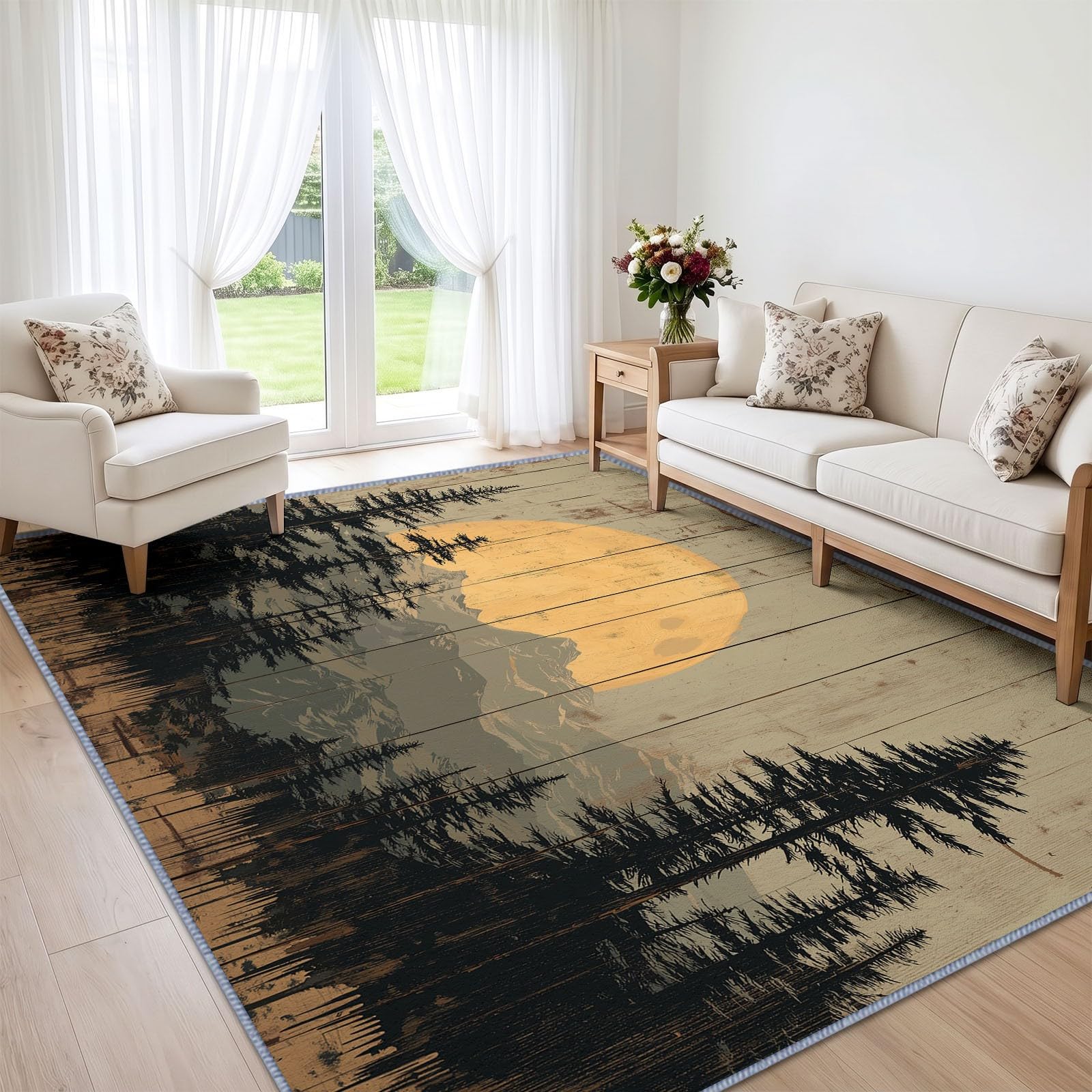 Dywany wiejskie, natura, krajobraz, do salonu, 140 x 200 cm, zmywalny, antypoślizgowy, miękki, niski run, sosna, góry, dywan do sypialni, kuchni, jadalni, przedpokoju, przy łóżku