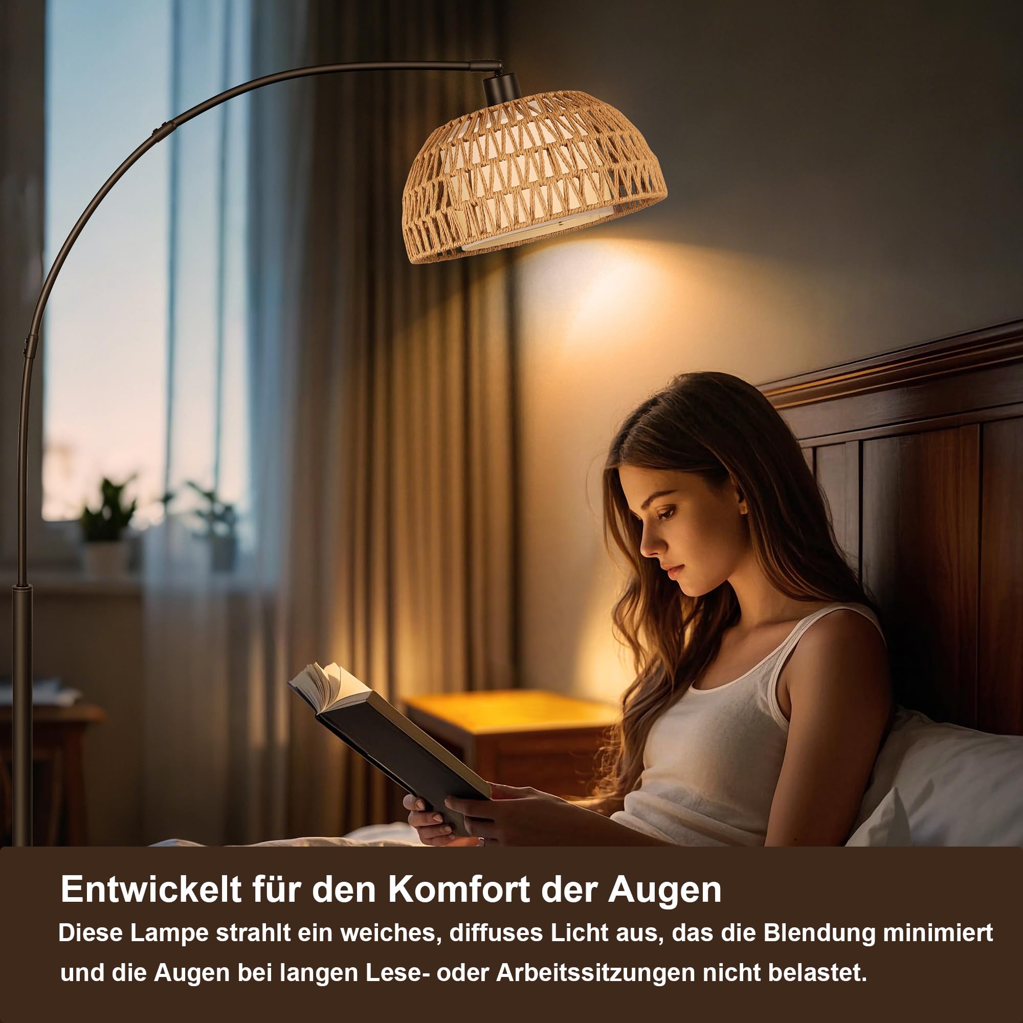 ROTTOGOON Bogen Rattan Stehlampe für Wohnzimmer 3 Farbtemperaturen Dimmbare 9W LED mit Fußschalter Boho Landhausstil Stehleuchte für Schlafzimmer Büro inkl. Birne Schwarz