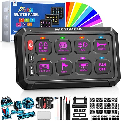 MICTUNING P1s RGB 5 Inch 8 Gang Switch Panel, High Power 6 Level Brightness Multifunction Flash Toggle Strobe Momentary Circuit Control Relay System Box for Car w/Silicone Cover, 2 Years Warranty