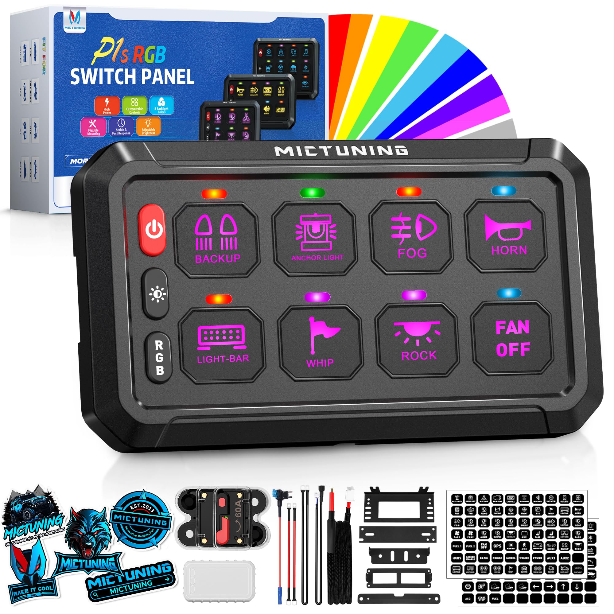 MICTUNING P1s RGB 5 Inch 8 Gang Switch Panel, High Power 6 Level Brightness Multifunction Pulsed Toggle Strobe Momentary Circuit Control Relay System Box for Car w/Silicone Cover, 2 Years Warranty