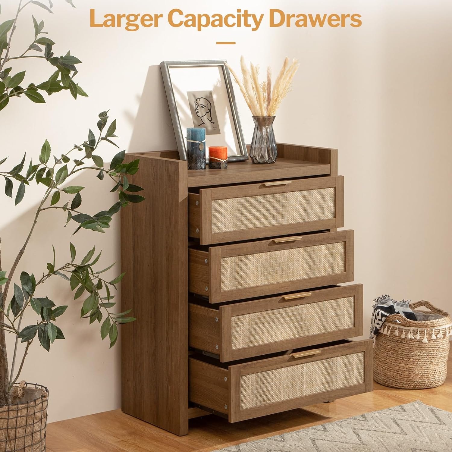 Drawers of the SICOTAS DRE01 dresser open, showcasing ample storage capacity.
