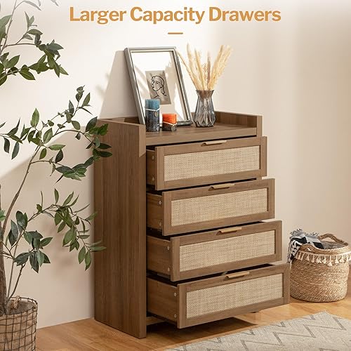 Miniatura 5 de SICOTAS Dresser for Bedroom Chest of Drawers Tall Dresser with 4 Rattan Drawers Wood Dresser for Closet Boho Clothes Storage Tower Large Nightstand