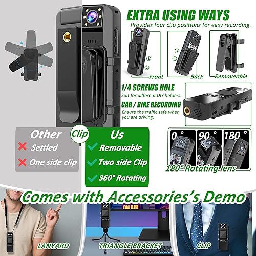 Miniatura 4 de Cámara corporal con grabación de audio y video, cámara corporal HD 1080P con lente giratoria de 180, batería de 6 horas, visión nocturna automática