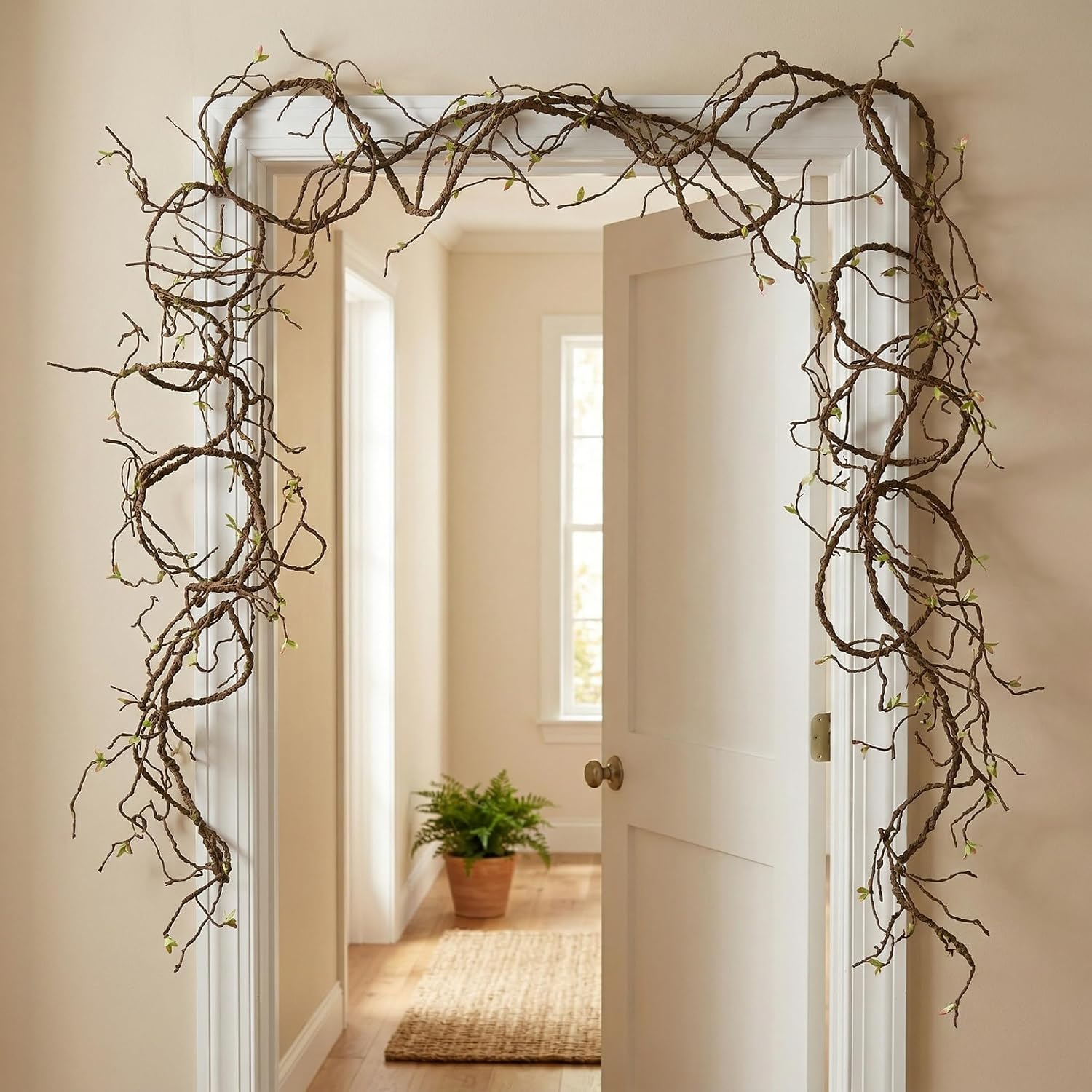 9FT Artificial Vine for Mantel Decor, Bendable Fake Tree Branches & Reptile Vines, Real Touch Faux Twigs with Green Buds for Spring Décor