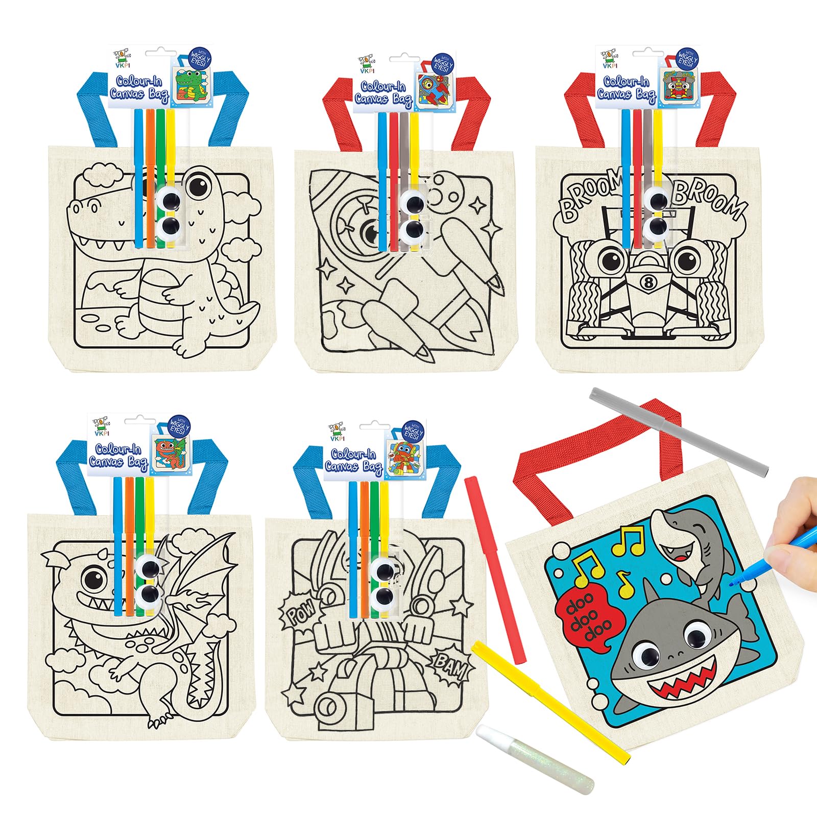 VKPI 6 Pieces Kids Coloring Goodie Bags, Reusable Canvas Bag, Cute Art Party Favors, Color Your Own Bags for DIY Painting Birthday Carnival