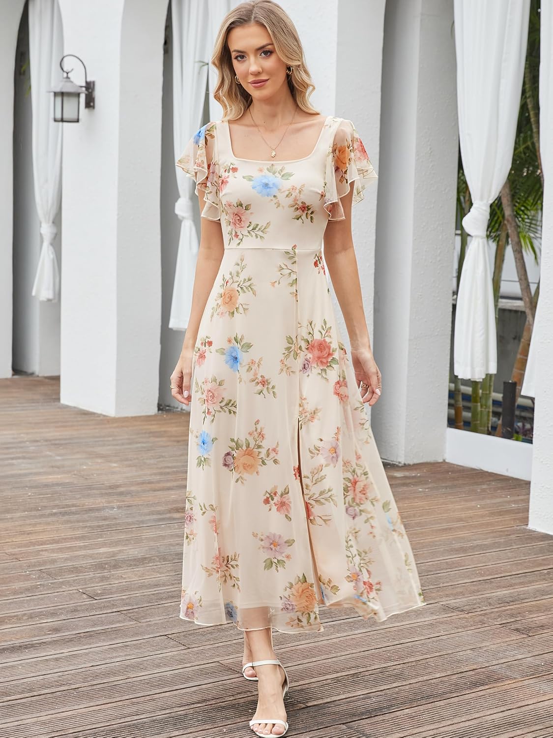 Caracilia Women Square Neck Floral Tulle Wedding Guest Bridemaid Dresses Summer Ruffle Sleeve High Slit Formal Midi Dress - Image 2