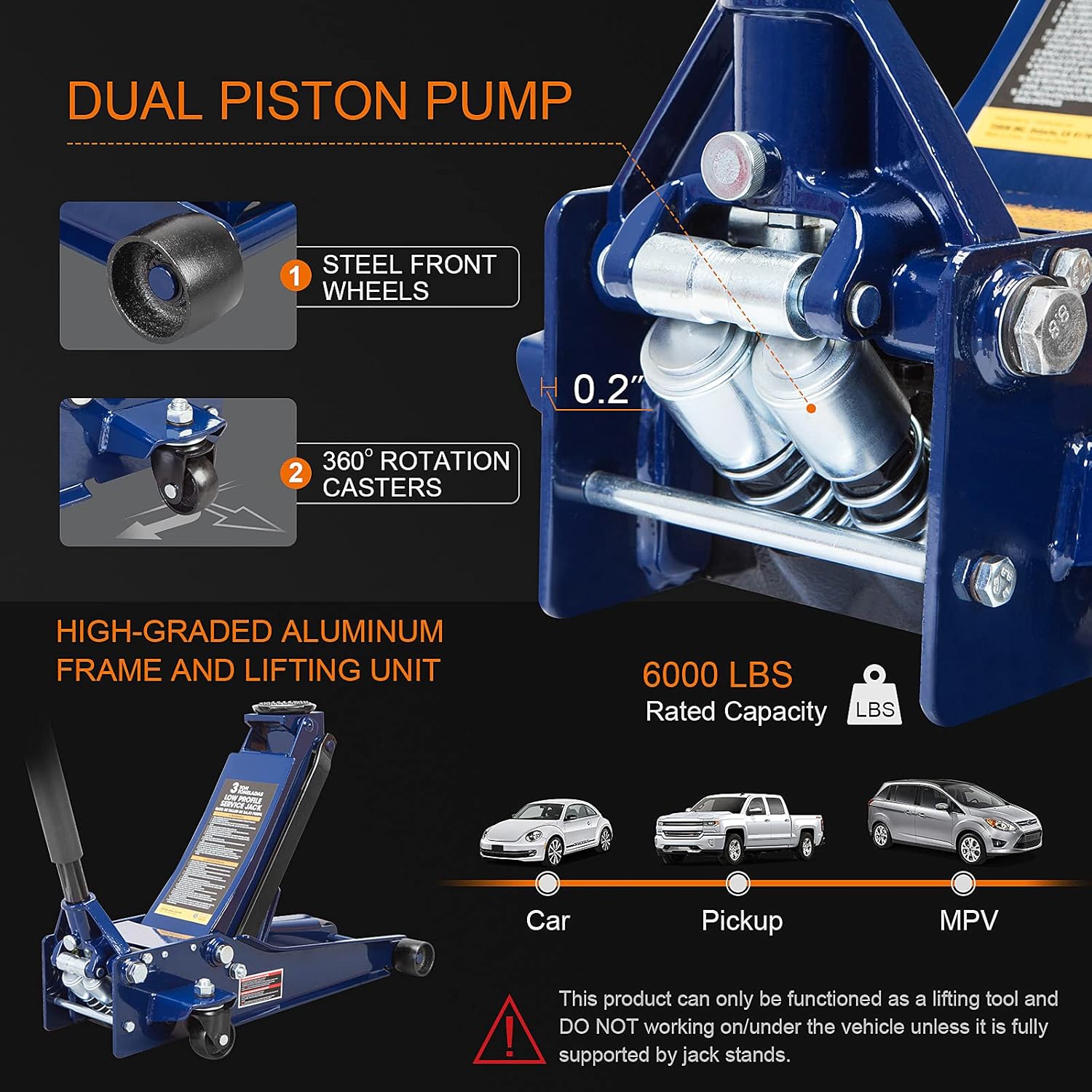 TCE ATZ830026XU Torin Hydraulic Ultra Low Profile Heavy Duty Steel Service/Floor Jack with Dual Piston Quick Lift Pump, 3 Ton (6,000 lb) Capacity, Blue : Everything Else